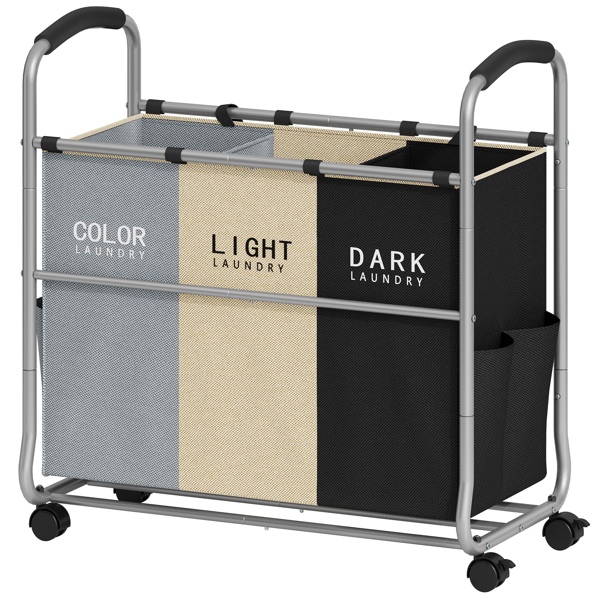 Tajsoon Panier à linge à 3 sections, avec roues robustes verrouillables et poches amovibles, panier à linge séparé pour ranger les vêtements, gris + beige + noir