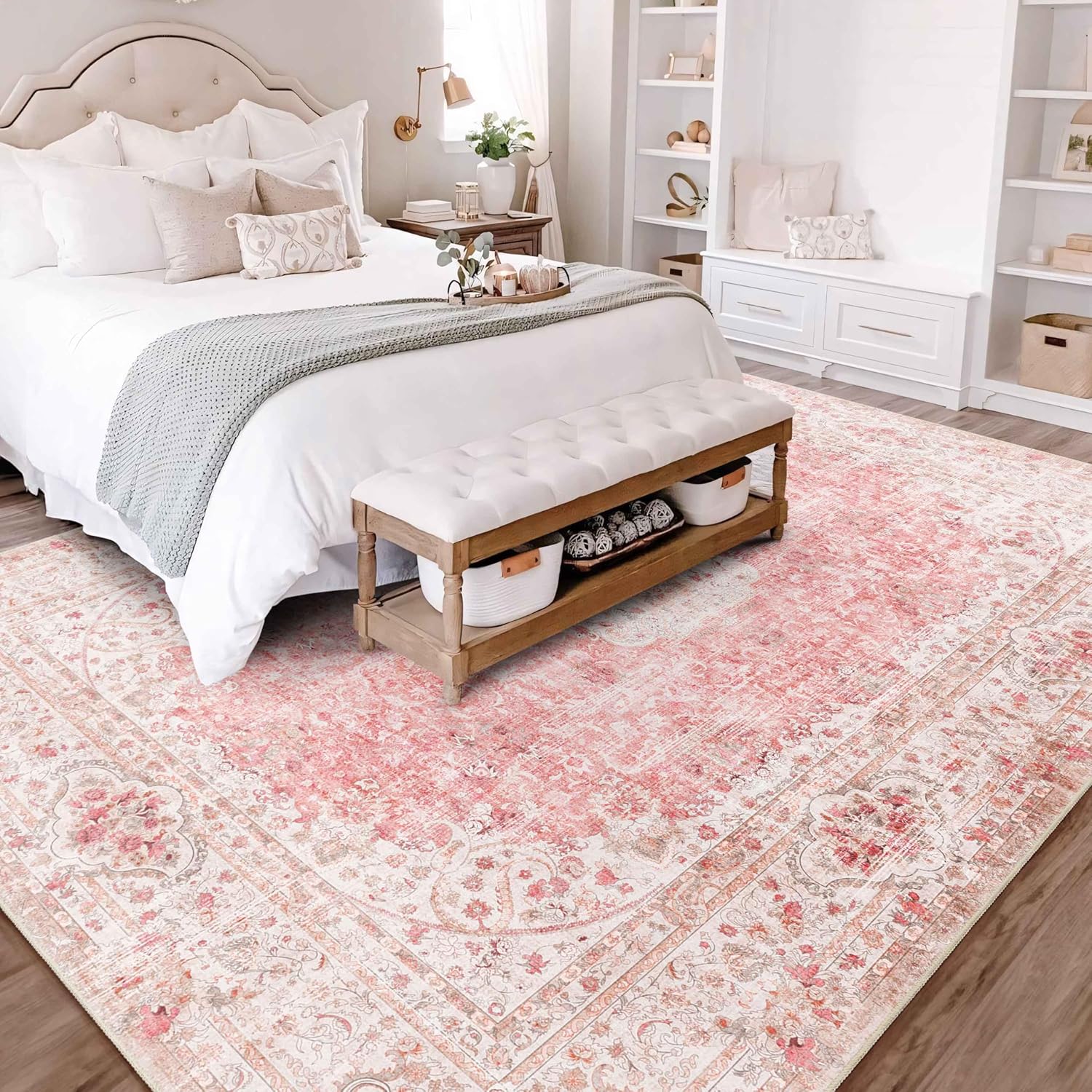 8x10 Area Rugs Washable,Pink Rug for Living Room Bedroom Dining Room,Large Boho Vintage Bohemian Distressed Carpet Non Slip,Blush