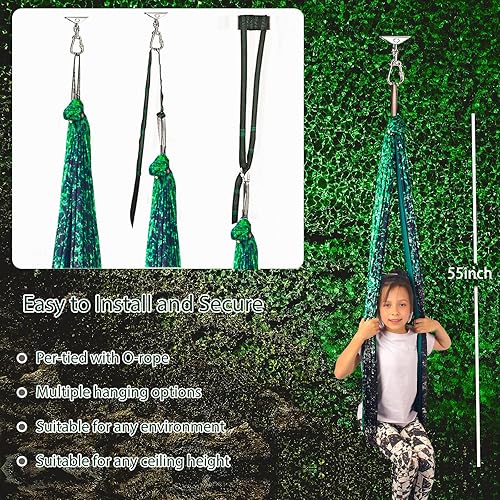 Miniatura 27 de Columpio sensorial para niños para interiores y exteriores, terapia de doble capa con kit de colgador giratorio 360, ajustable para niños y adultos