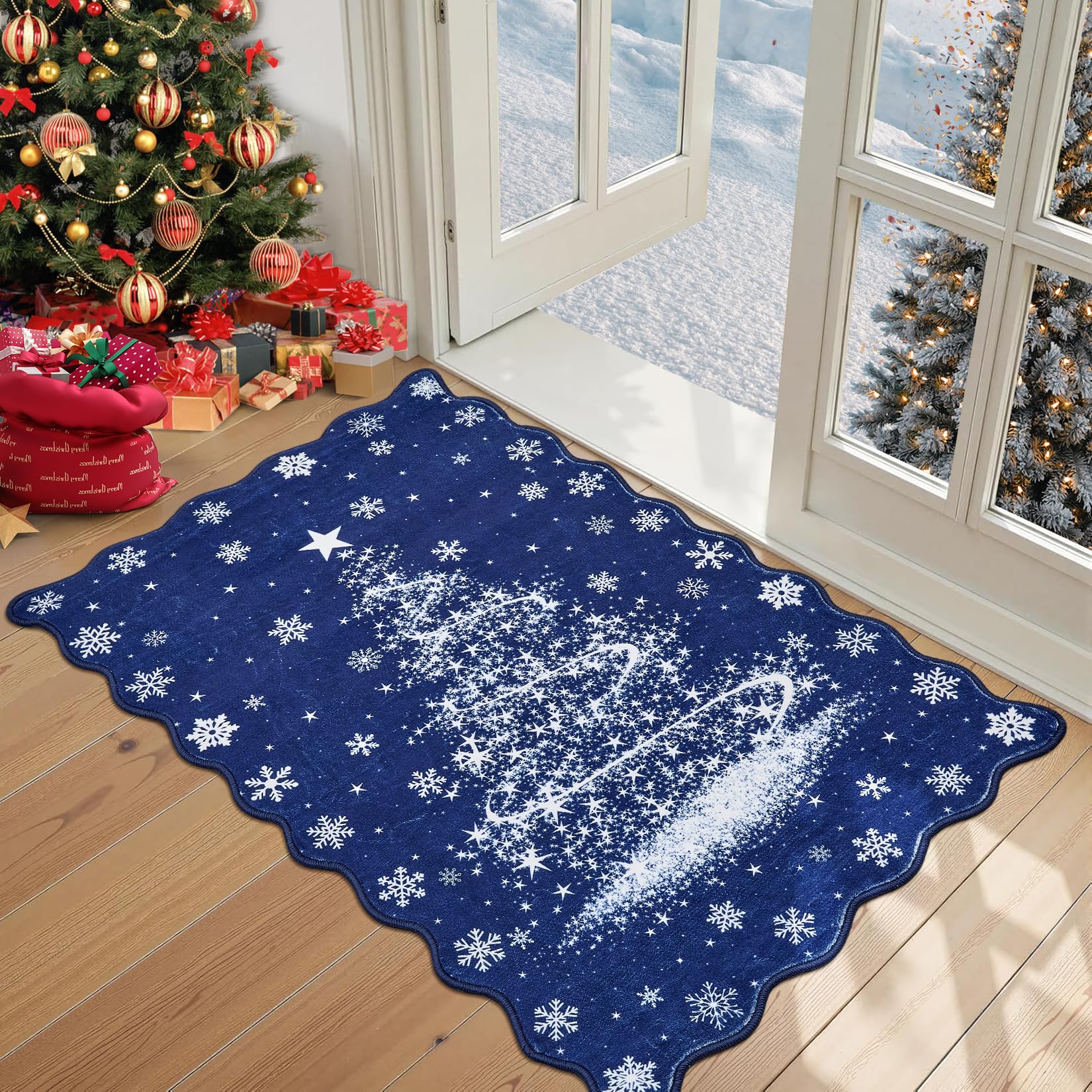 FairyStyle Washable Christmas Doormat 60x100cm Festive Snowflake Xmas Blue