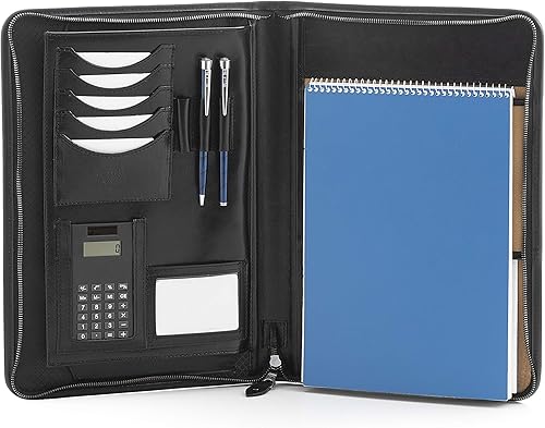 Noda Cartera de cuero a4, portadocumentos, carpeta de conferencias con calculadora (negro)