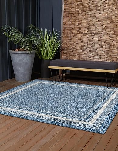 Vista 34 de Unique Loom - Colección Outdoor Border - Tapete para exteriores de borde suave - 5 pies 3 pulgadas x 8 pies, rectangular, azul/marfil azu/marfil