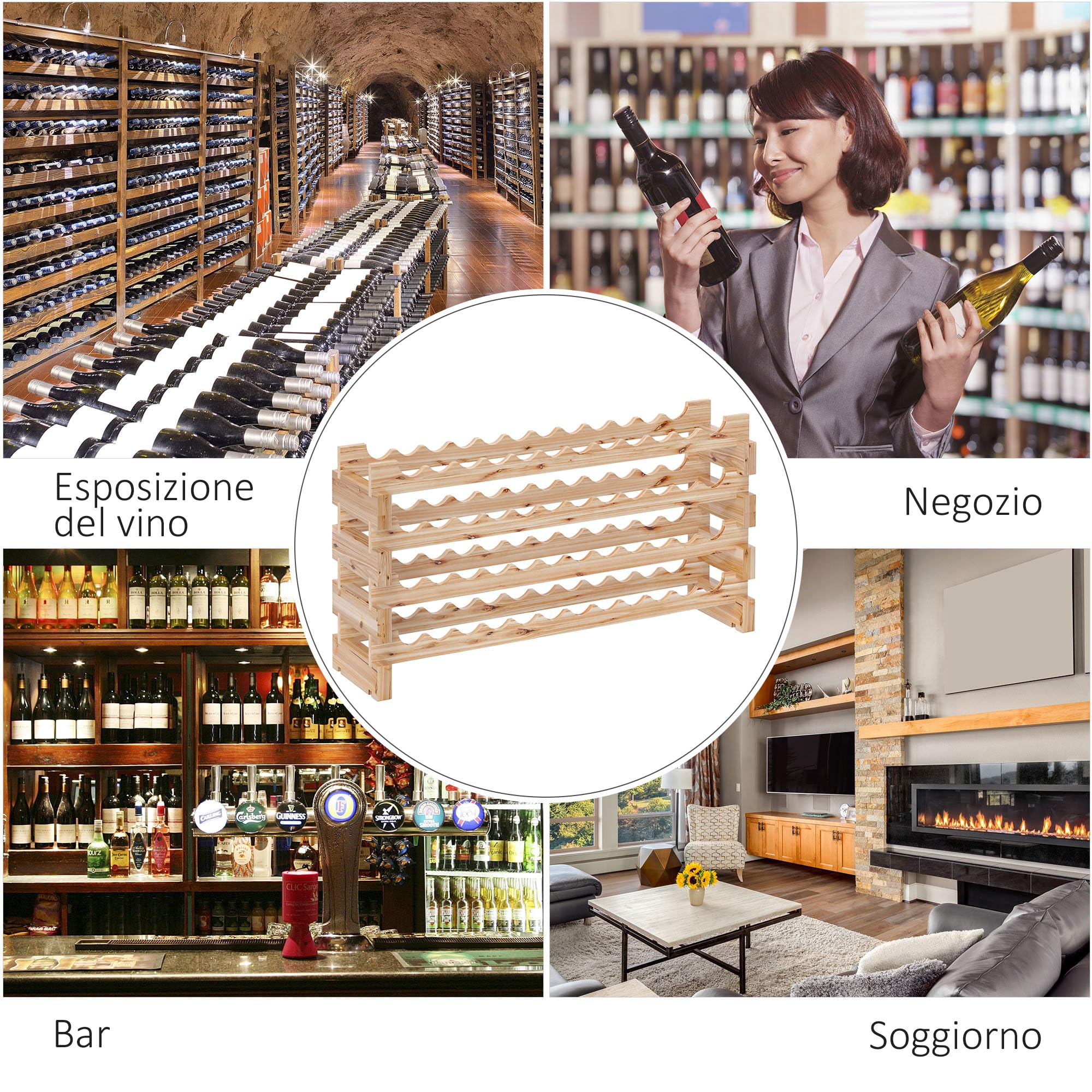 HOMCOM Scaffale Portabottiglie in Legno di Abete, Cantinetta Portabottiglie con 4 Ripiani per 48 Bottiglie e Peso Massimo 60 kg, 114x28x56.5 cm, Legno Naturale