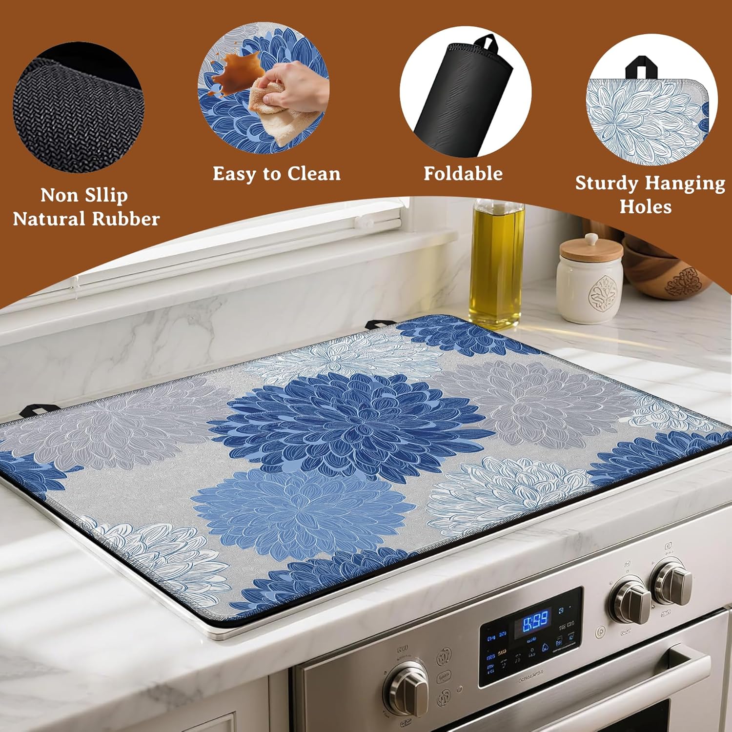 Blue Floral Stove Top Cover for Electric Stove,Dahlia Flower Heat Resistant Glass Cooktop Cover for Kitchen Countertop Protector Dish Drying Mat 28.5×20.5in