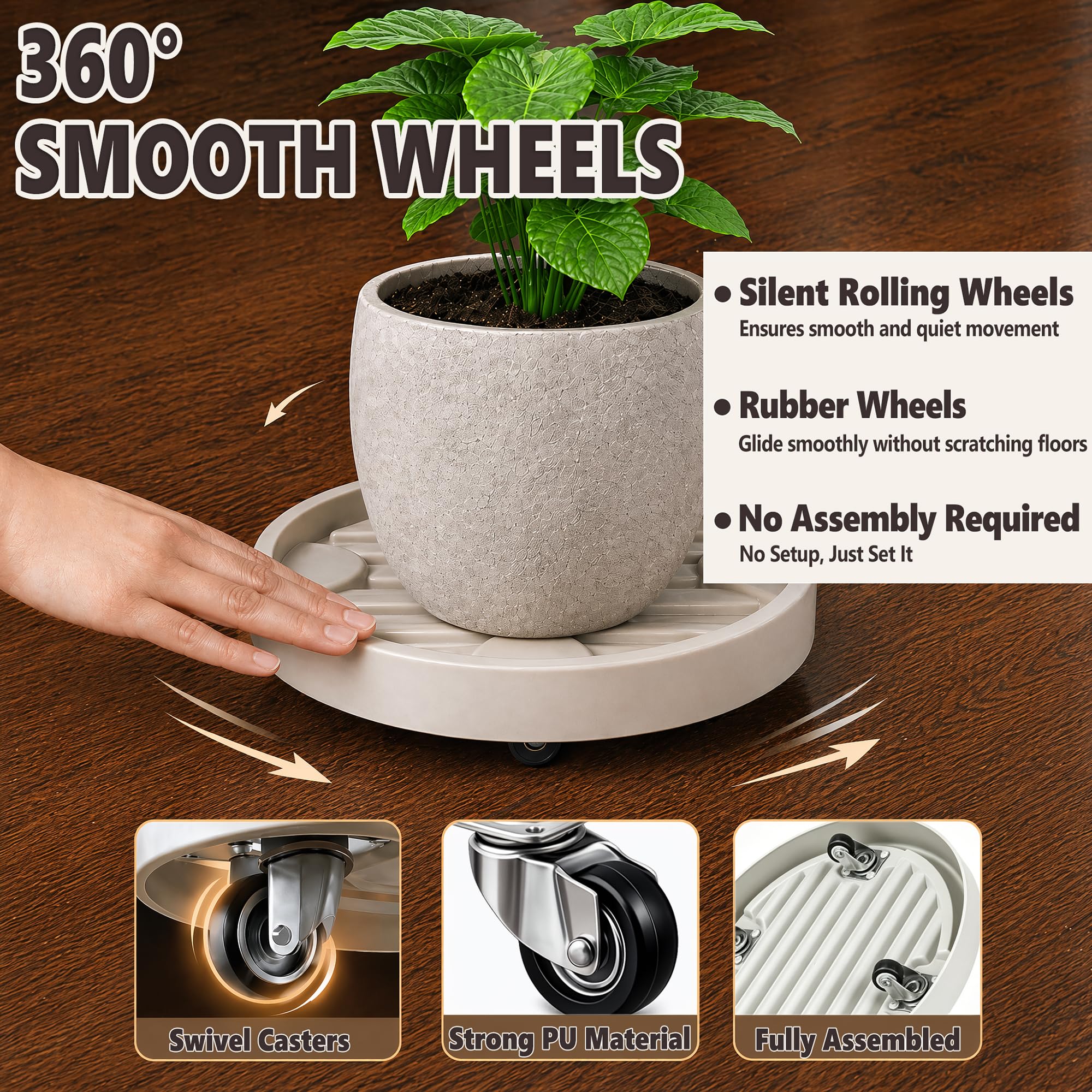 Lot de 2 paniers à roulettes cachés de 30 cm, 4 traiteurs invisibles, support de plantes, chariot de jardinière, base à roulettes, palette de plantes d'intérieur, beige