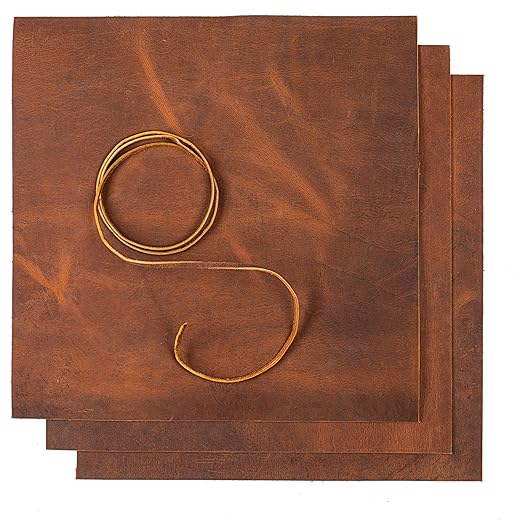 Leather Sheets for Crafts - Full Grain Buffalo Leather Squares - Great for Jewelry, Leather Wallets, Leatherworking Arts and Crafts – Includes 3 Sheets (12x12)+ Leather Cord (36")