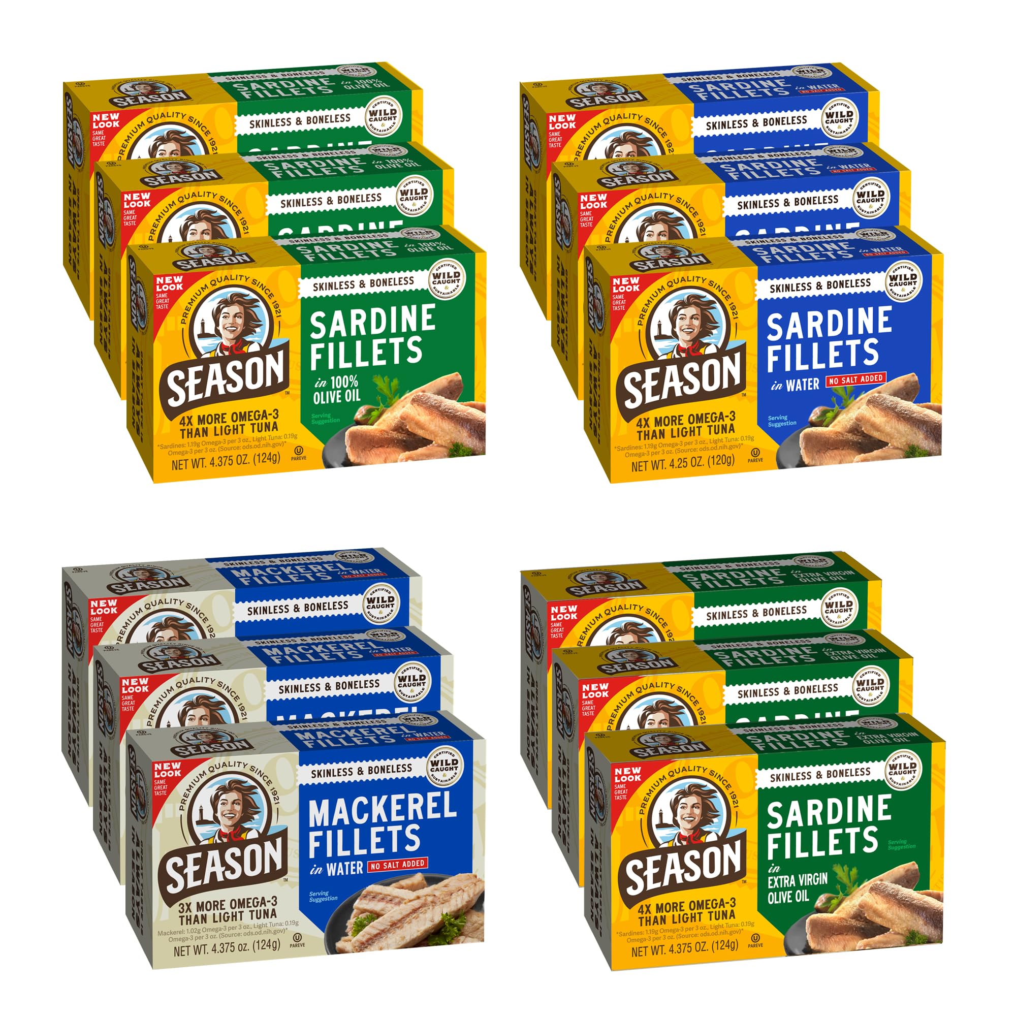 Season Sardines & Mackerel Variety - Wild Caught Sardines in Olive Oil, Water, Extra Virgin Olive Oil (Skinless & Boneless) & Mackerel in Water (Skinless & Boneless) No Salt Added - 3 of Each, 12 Pack