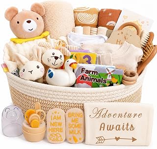 Ultimate Gender-Neutral Baby Gift Basket, Neutral Beige Newborn Essentials, Premium All-in-One Unisex Baby Shower & Gender Reveal Gift Set for Boys & Girls with Swaddle Diaper Caddy Organizer