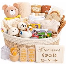 Ultimate Gender-Neutral Baby Gift Basket, Neutral Beige Newborn Essentials, Premium All-in-One Unisex Baby Shower & Gender Reveal Gift Set for Boys & Girls with Swaddle Diaper Caddy Organizer