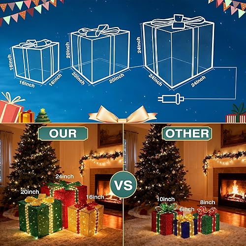 Miniatura 2 de Juego de 3 cajas de regalo grandes iluminadas de Navidad de 4.9 pies - 131 LEDs regalos preencendidos, torre de cajas de Navidad con diferentes