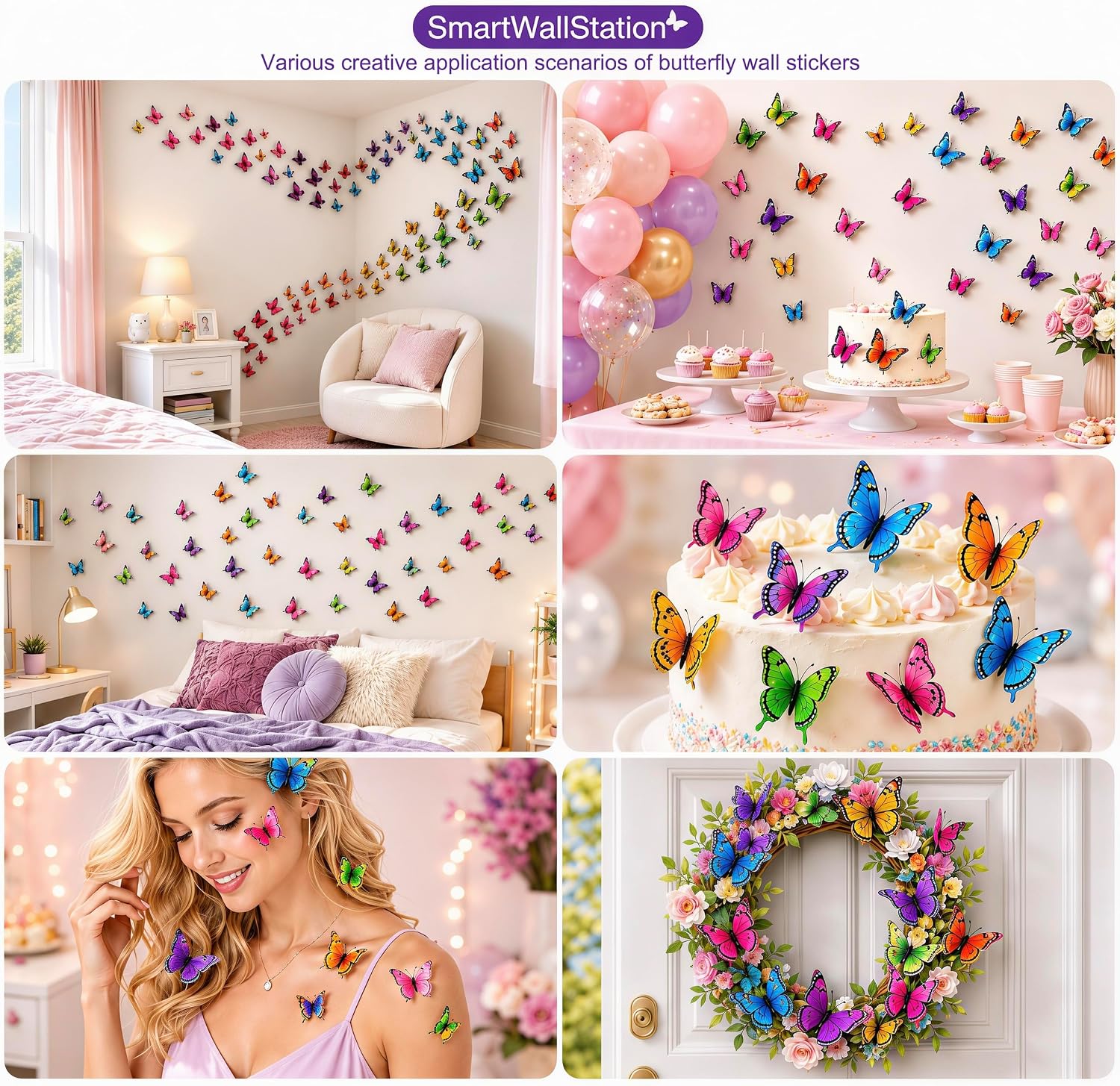 24 x PCS Butterfly Wall Stickers with Magnets/Gule Double Wings 3D Butterflies (No Damage) Wall Decor for Living Room Bedroom,DIY for Birthday Wedding Party Decoration, Colorful Blue Pink Yellow