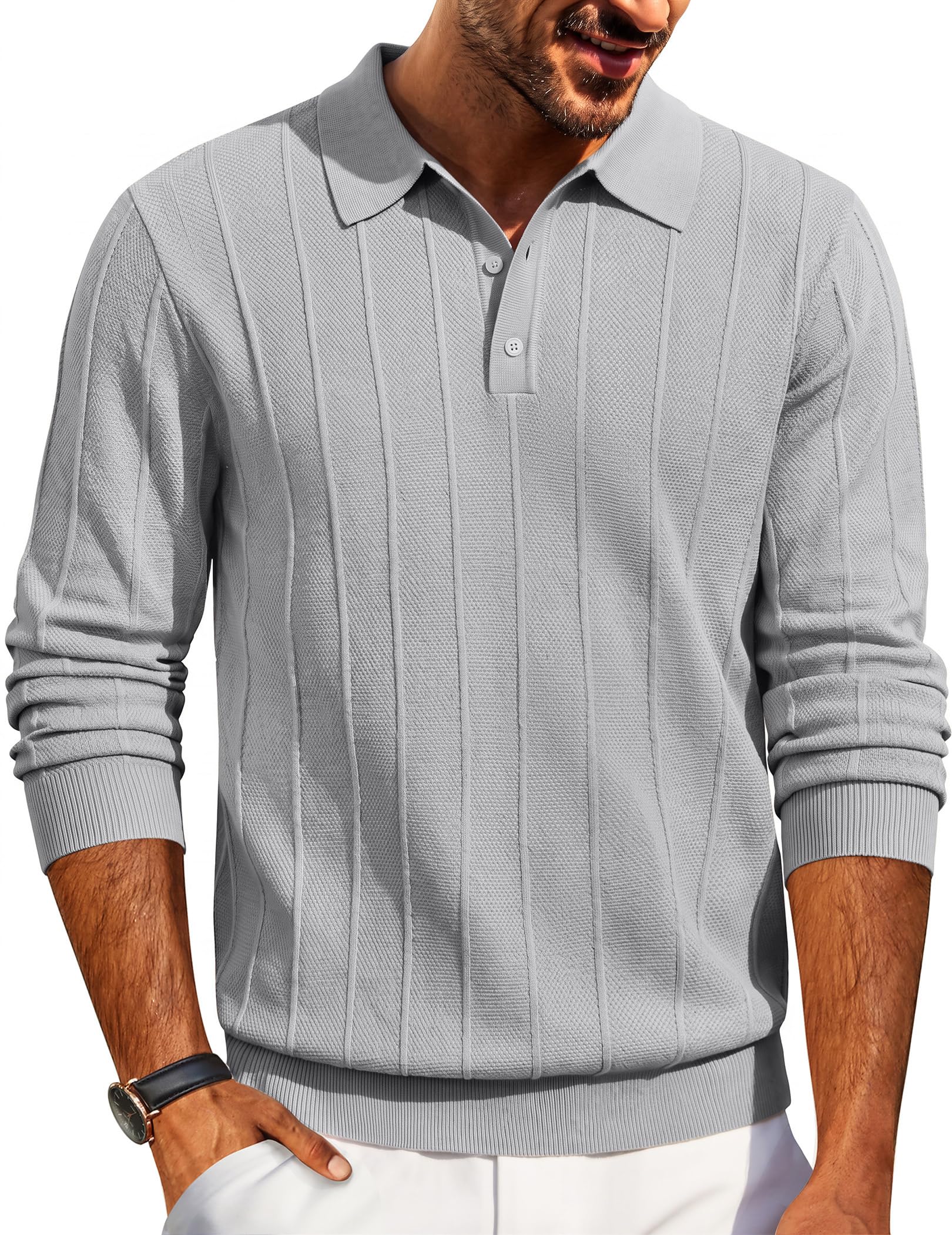 Mens Knit Polo Long Sleeve Polos Sweater Causal Collared Sweaters