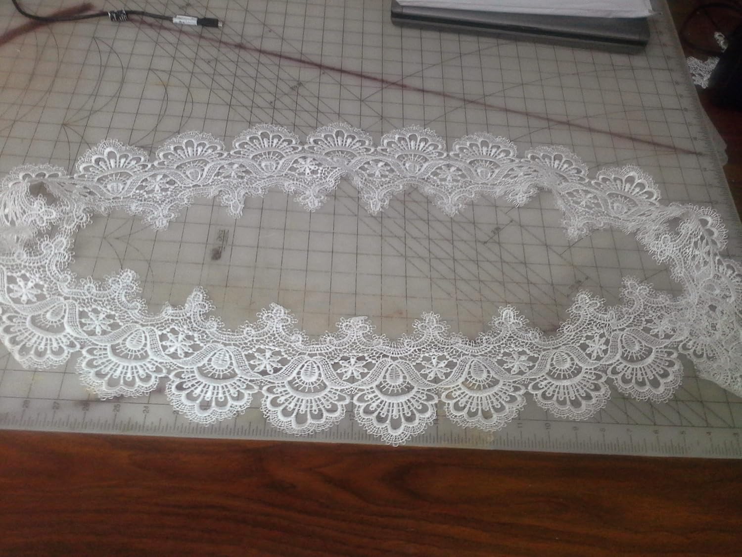 Table Runner with Antique White European Lace and Material, Size 34 x 15 inches