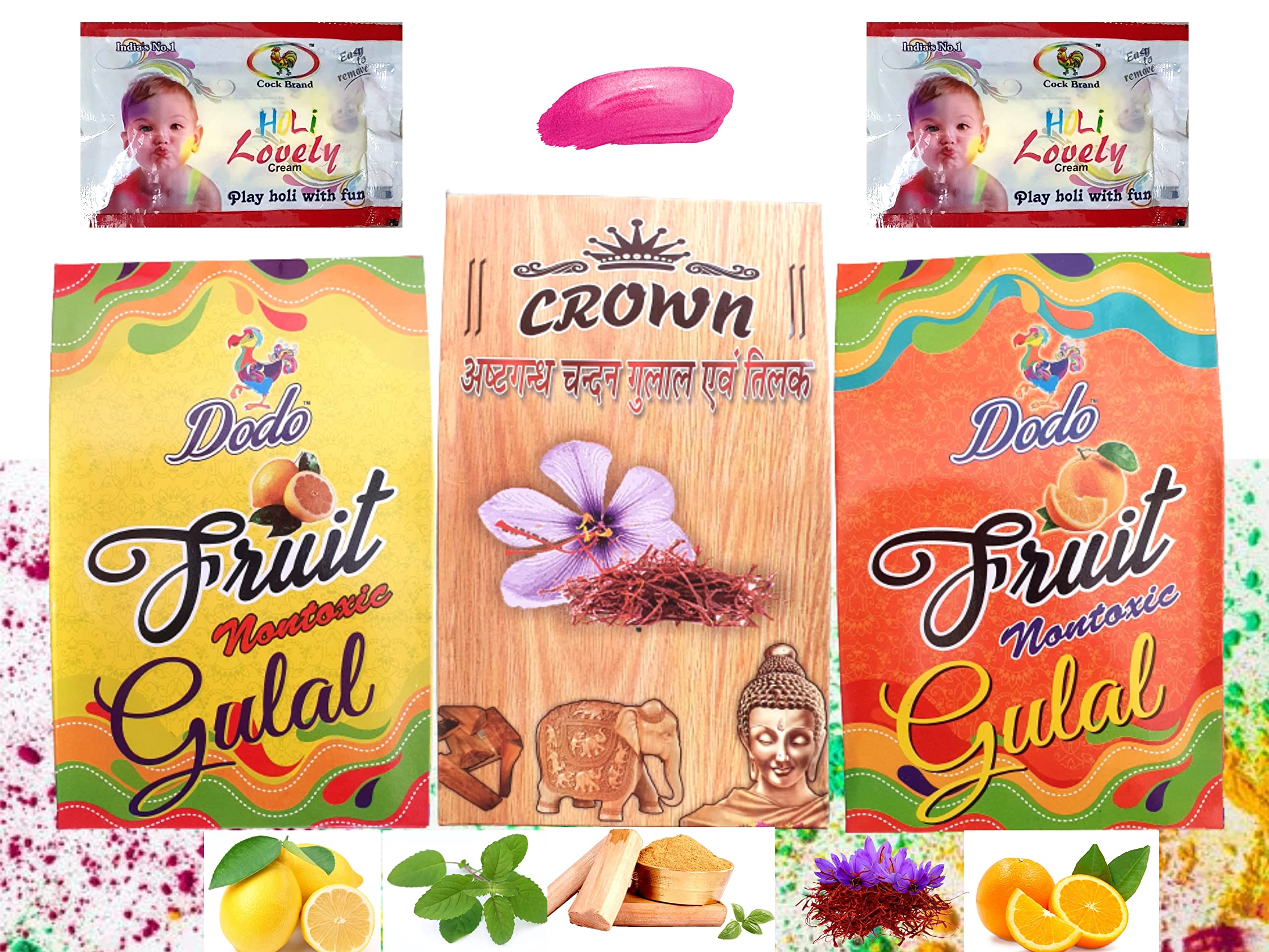 Artonezt Skin Friendly Fruit Color Herbal Gulal Holi Color Powder for Kids Dodo Fruit Gulal- Pack of 2 + Holi Color Paste- Pack of 2 + Natural Chandan Kesar Haldi Powder for Holi Pooja Celebration
