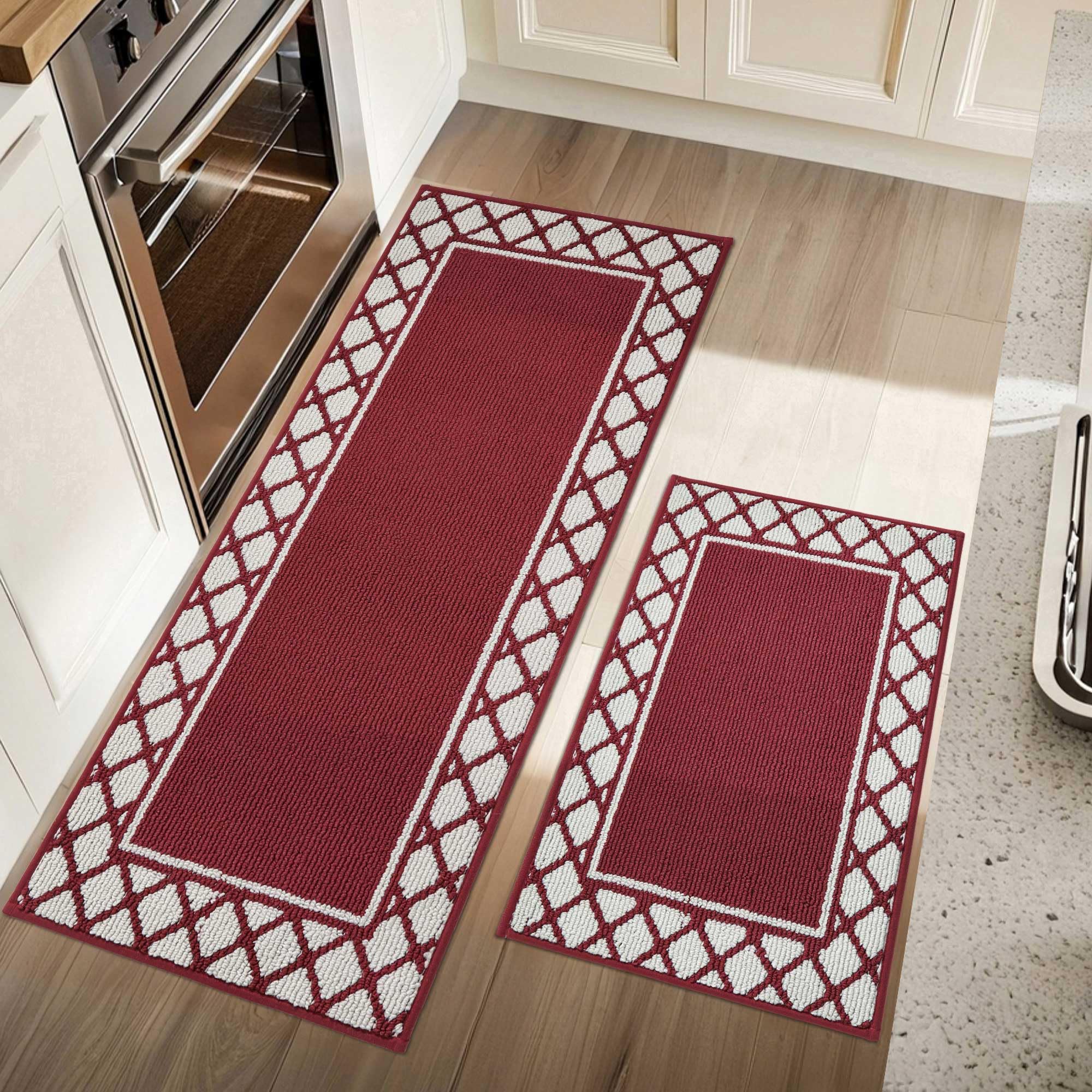 COSY HOMEER Washable Kitchen Rugs Sets of 2 Non-Slip Kitchen Mats for Floor Absorbent Kitchen Runner Rug for Kitchen Carpet,Sink Mat and Laundry, 20"x30"+20"x48",Burgundy