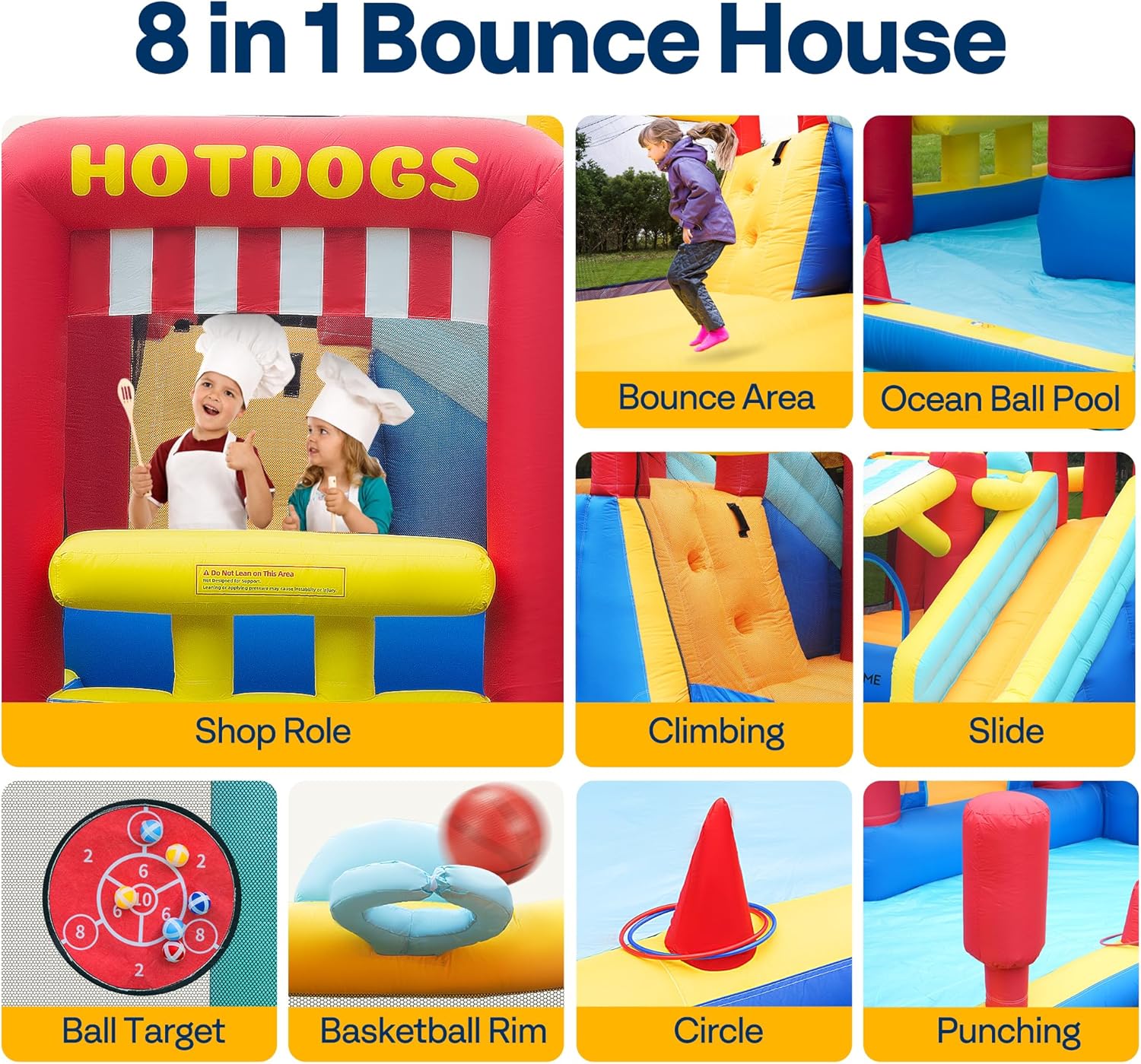 VIVOHOME Inflatable Bounce House with Slide, Blower, Pool, Hoop, Water Gun & Climbing Wall and 9-in-1 Market Theme Bounce House with Slide, Blower, Climbing, Jump Area, Ball Pit, Pool & Hoop