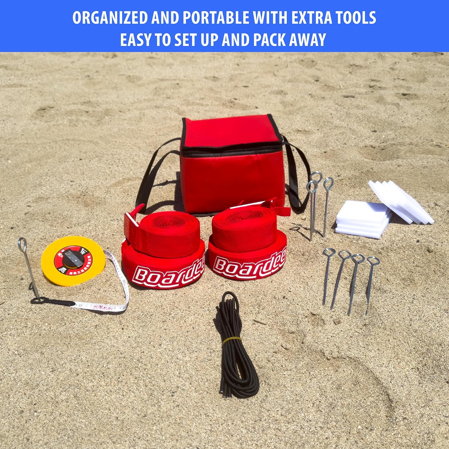 Beach Volleyball Court Lines by Boardee, Adjustable & Portable for Sand & Grass - Free Bag and Tape Measure 2 in x (26.3'x52.6') Hook & Loop Lines Durable Official Weather Resistant