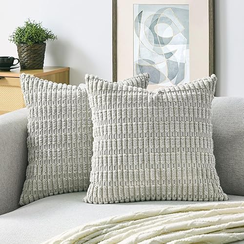 Miniatura 1 de Volcanics Paquete de 2 fundas de cojín decorativas de color gris claro de 18 x 18 pulgadas, fundas de cojín cuadradas de pana suave a rayas, moderna