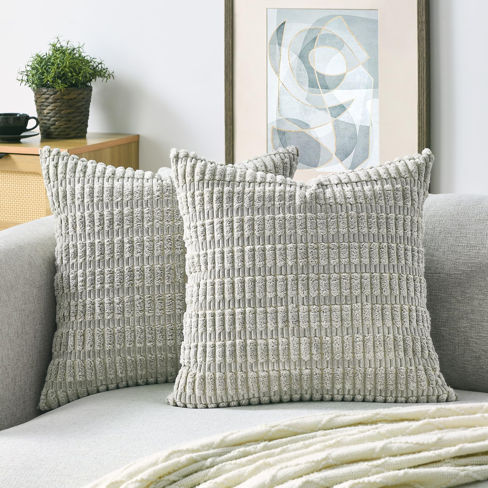 Volcanics Pack of 2 Light Grey Decorative Throw Pillow Covers 18x18 Inch, Soft Corduroy Striped Square Cushion Cases, Modern Farmhouse Boho Home Decor for Couch Bed Sofa Living Room