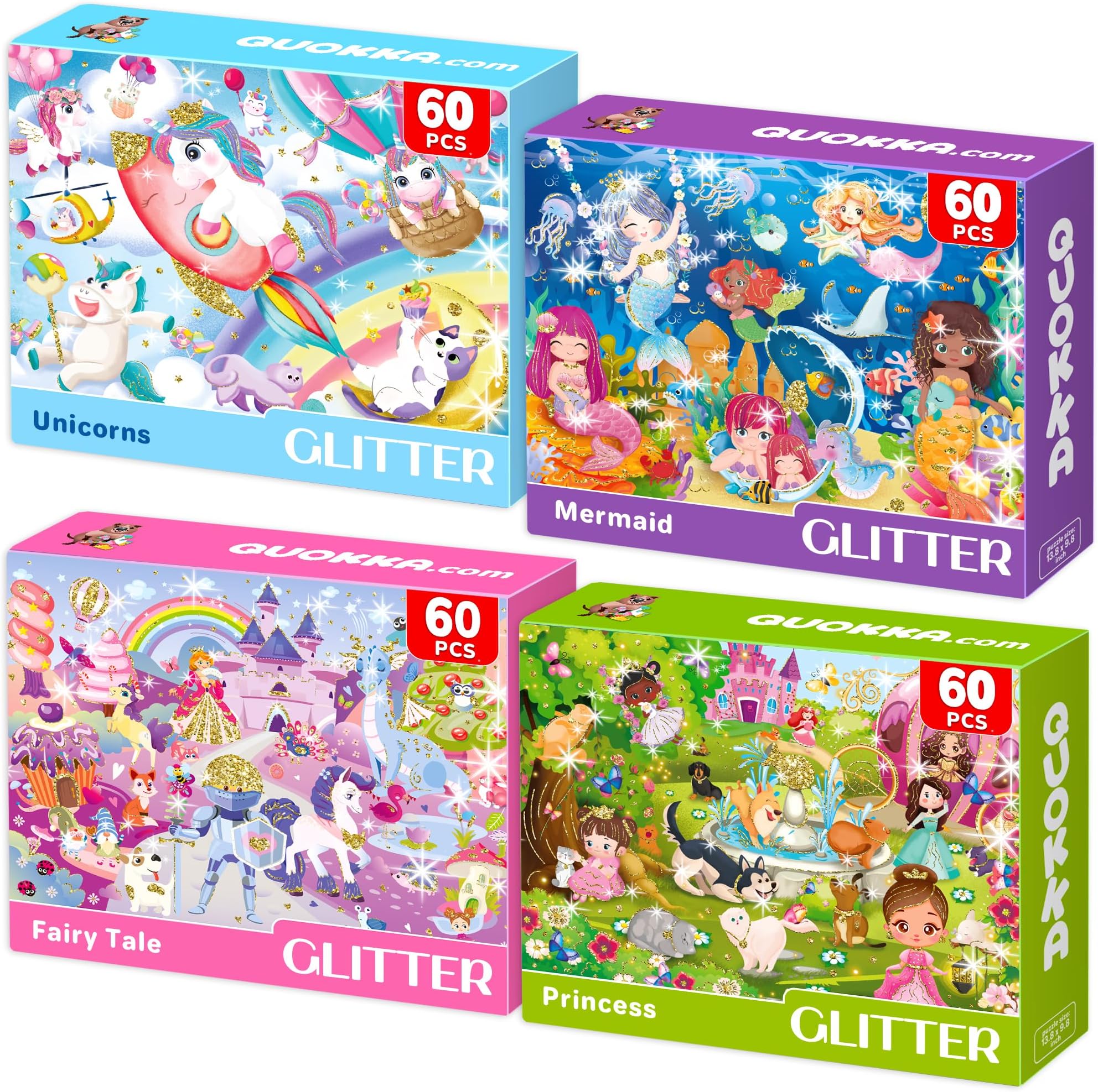 - QUOKKA Puzzles for Kids Ages 4-6 - Set of 4x60 Jigsaw Puzzles for Toddlers 3-5 - Glitter Unicorn Princess Animals Toys for Children 6-8 yo - Gift Educational Game for Boys & Girls