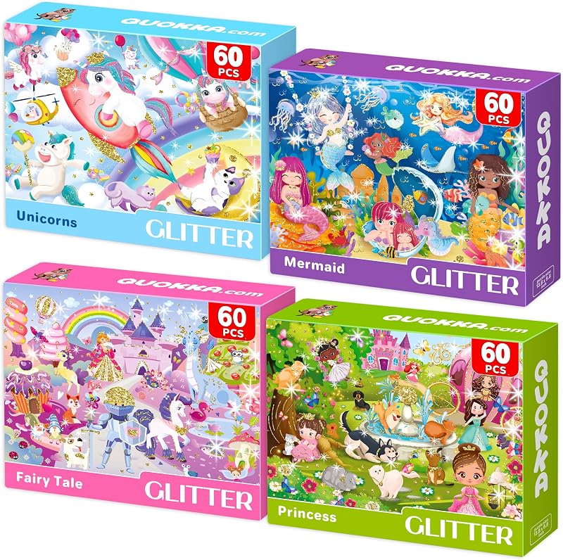 60 Piece Puzzles for Kids Ages 4-6 - 4 Glitter Toddler Puzzles Ages 3-5 | Unicorn, Princess and Animals Jigsaw Puzzles for Children Ages 6-8 - Gift Educational Game for Boys and Girls