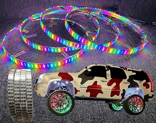 Luces LED de rueda de 17.5 pulgadas, triple fila RGB + blanco + flujo de persecución de color de ensueño, Bluetooth + control remoto