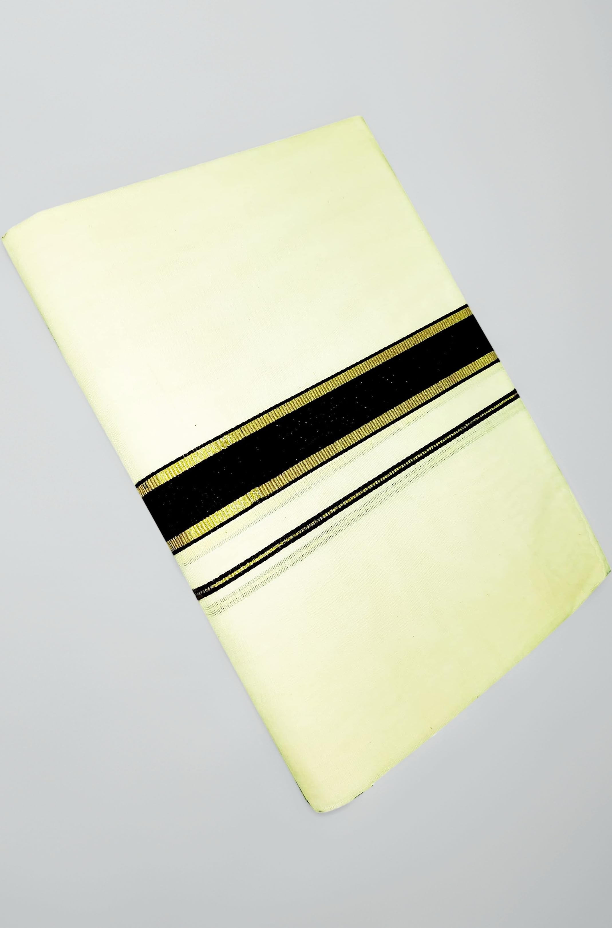 Mens Gold Jari with Color Canal Border 100% Cotton Cream Dhoti 4.00 Meters Double Mundu/Vesti