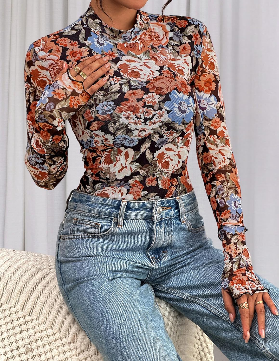 PRETTYGARDEN Women's Long Sleeve Going Out Tops 2026 Spring Y2K Clothes Mesh Floral Fitted Shirts Date Night Outfit - Image 8
