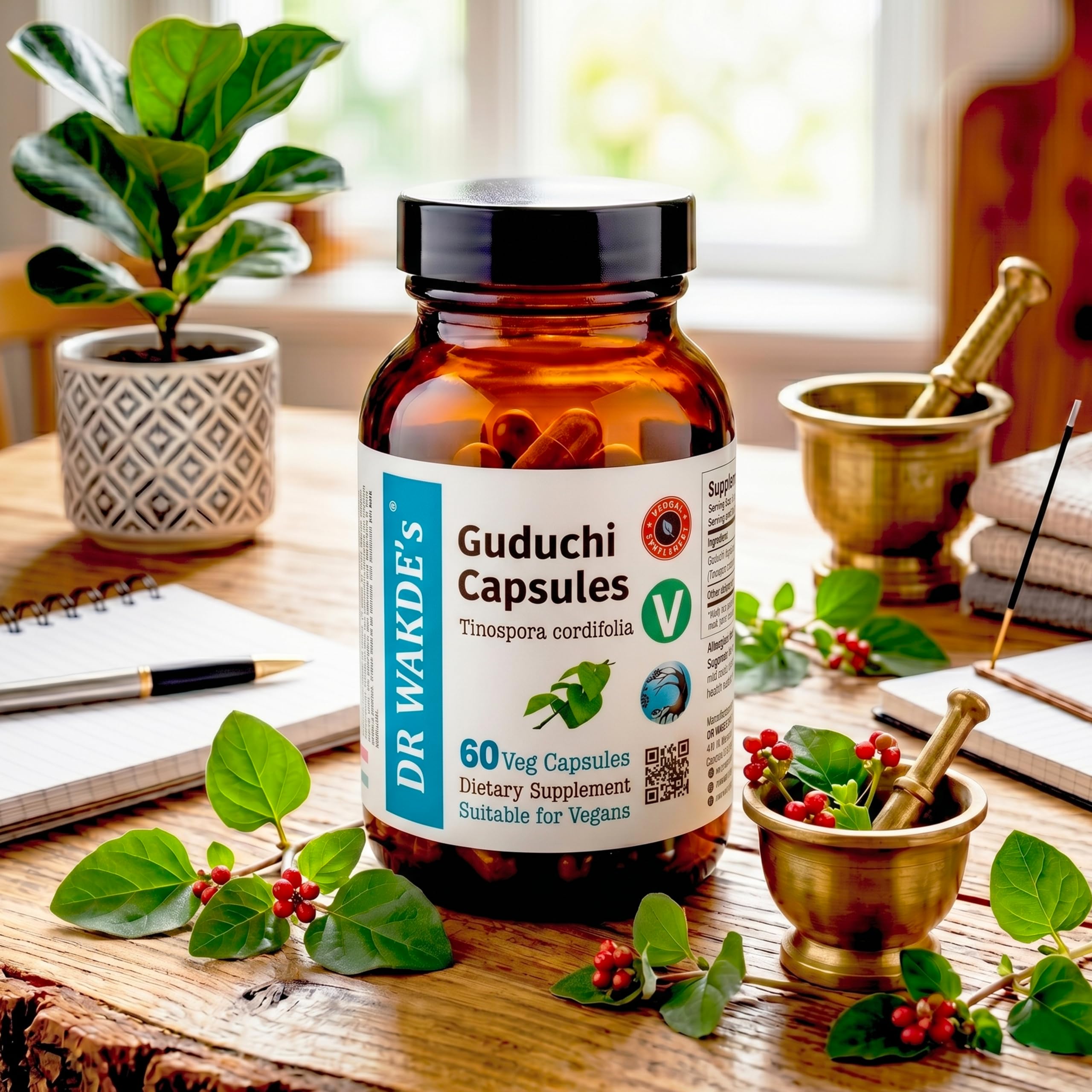 DR WAKDE'S Guduchi Kapseln – Giloy (Tinospora cordifolia) 500 mg | 60 Vegane Kapseln | Immunsystem & Wohlbefinden | 100% Reines Ayurvedisches Kräuterpulver | Ohne Zusatzstoffe | Vegan & Vegetarisch