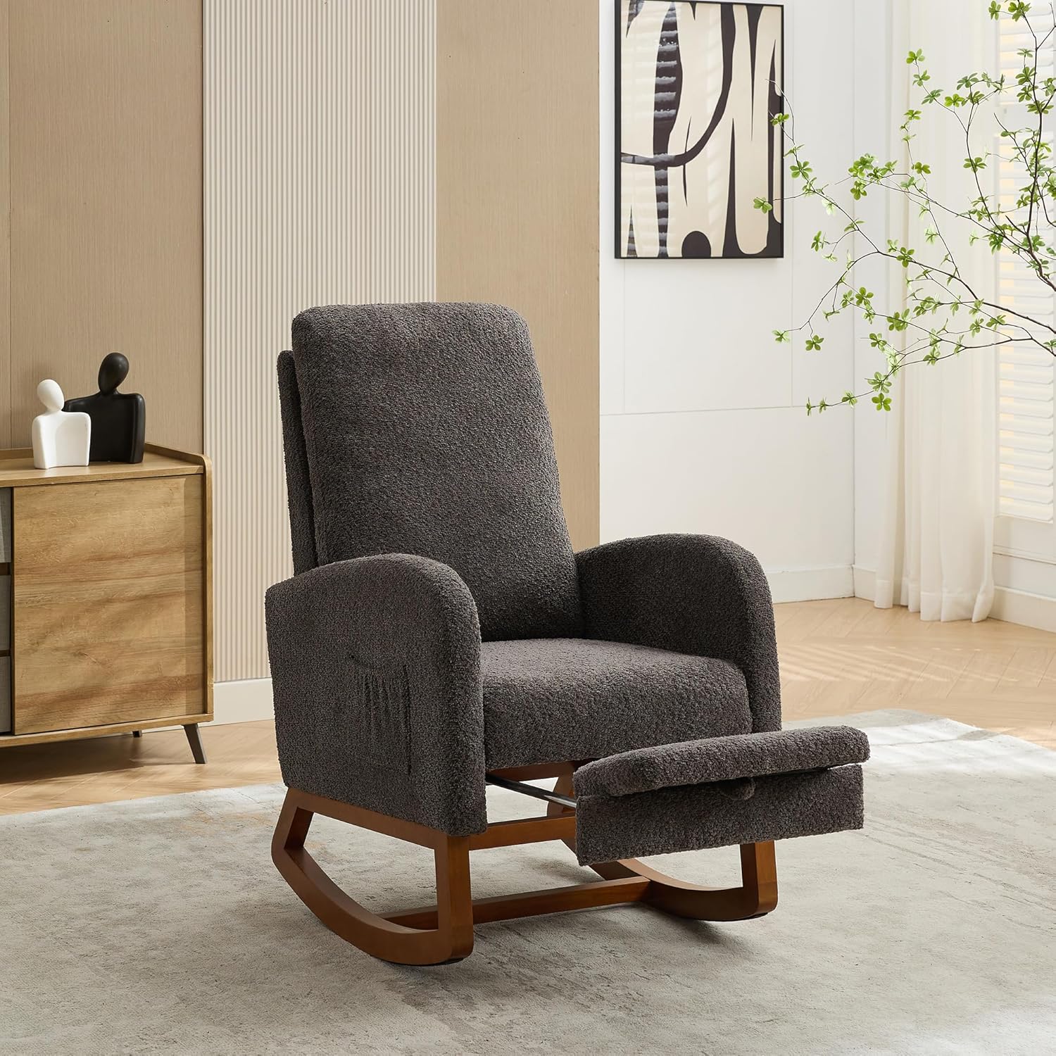25.4" W Rocking Chair for Nursery, High Back Glider Chair with Retractable Footrest, Side Pocket, Rocking Accent Armchair with Rubber Wood Legs for Living Room/Bedroom.Navy (Charcoal)