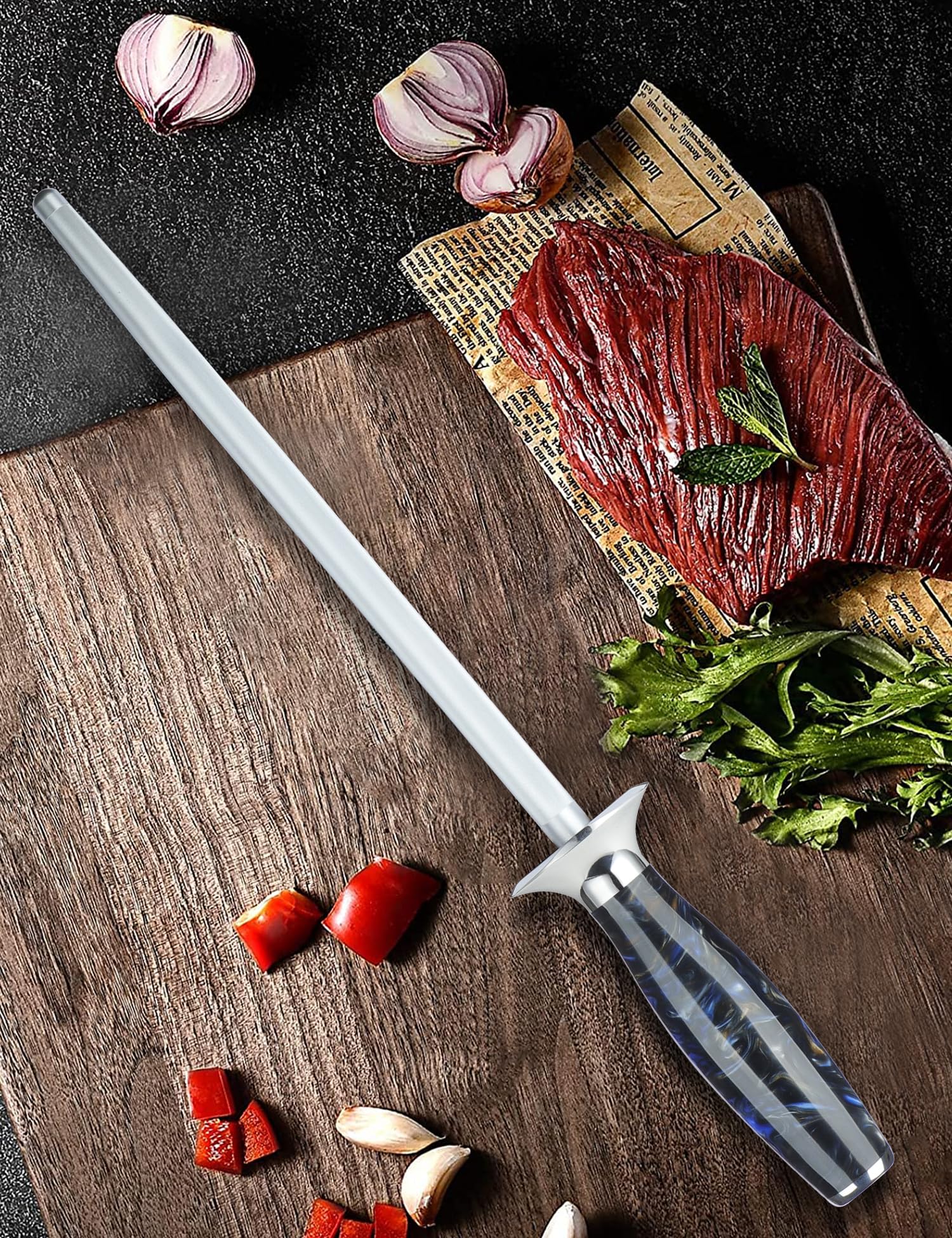 Profesional Cocina Afilar Varilla 23 cm, Afilador de Cuchillos de Acero con mango de resina, serie XUAN (Negro Estrellado)