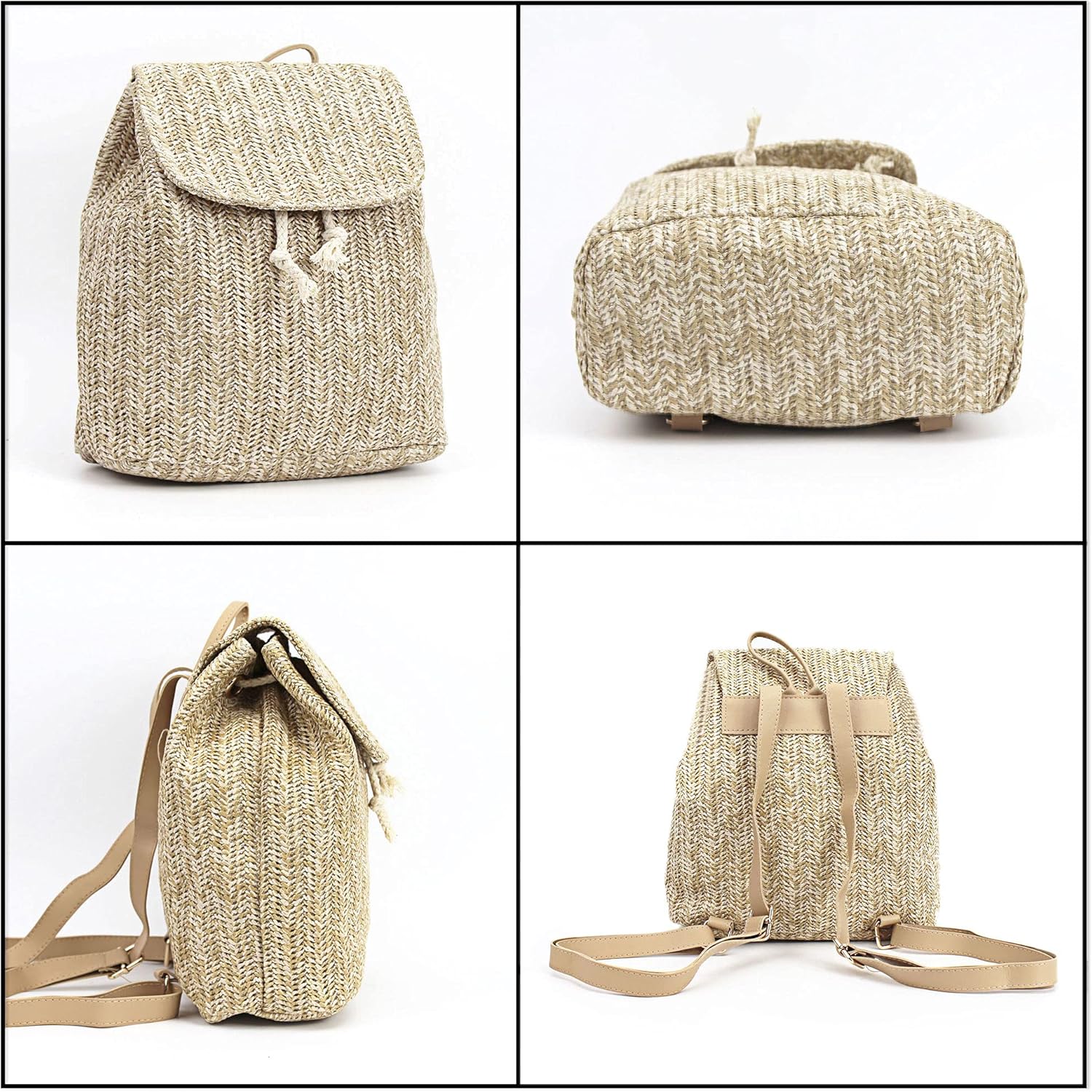 Women Medium Straw Woven Backpack Flap Drawstring Daypack Summer Beach Shoulders Bag - Image 4
