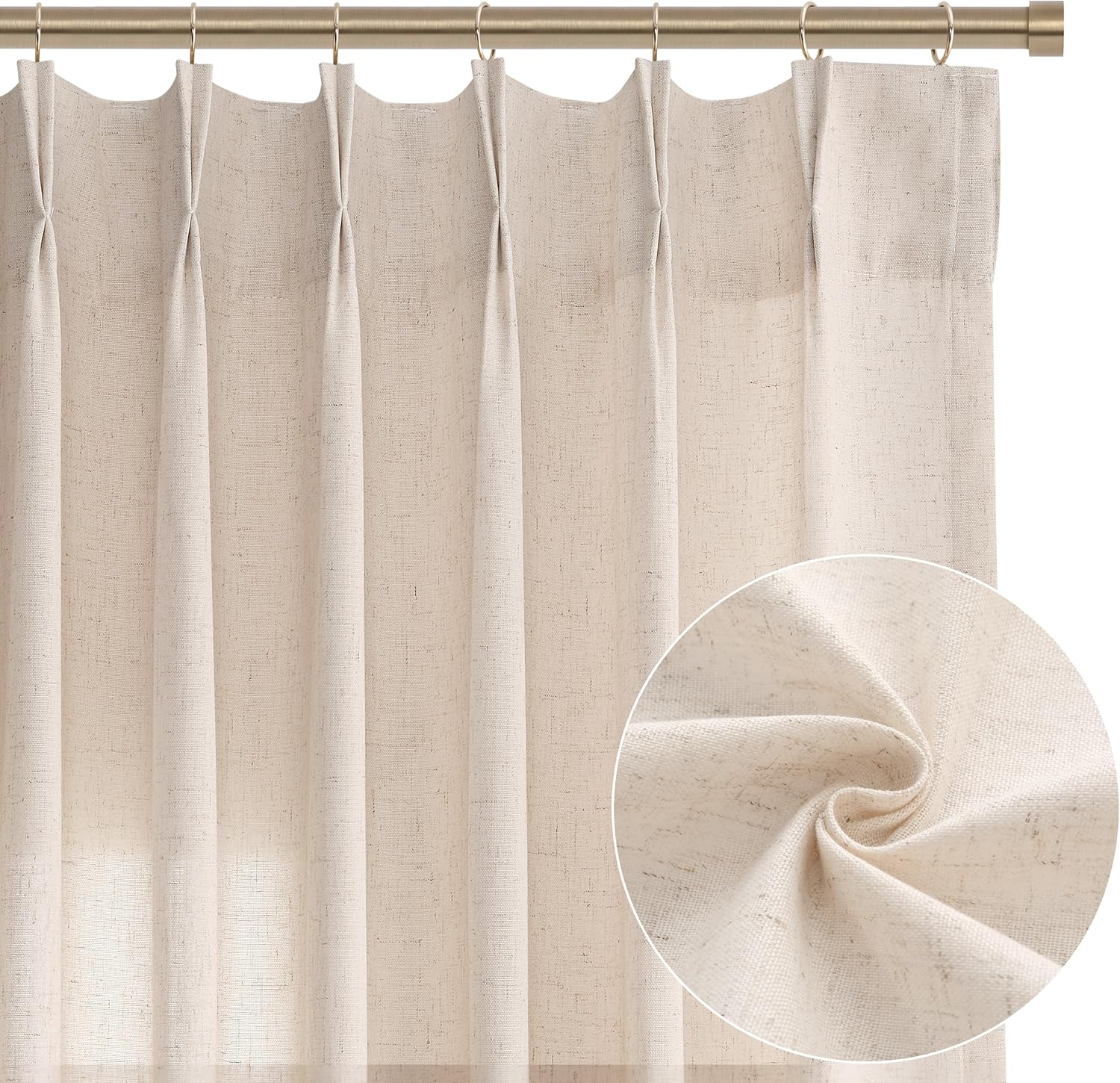 Joywell Pinch Pleat Linen Curtains 90 Inches Long Cream Beige Semi Sheer Curtains for Living Room Long Pleated Drapes Custom Light Filtering Flax Thick Linen Textured Drapes 90 Inch Length 2 Panels