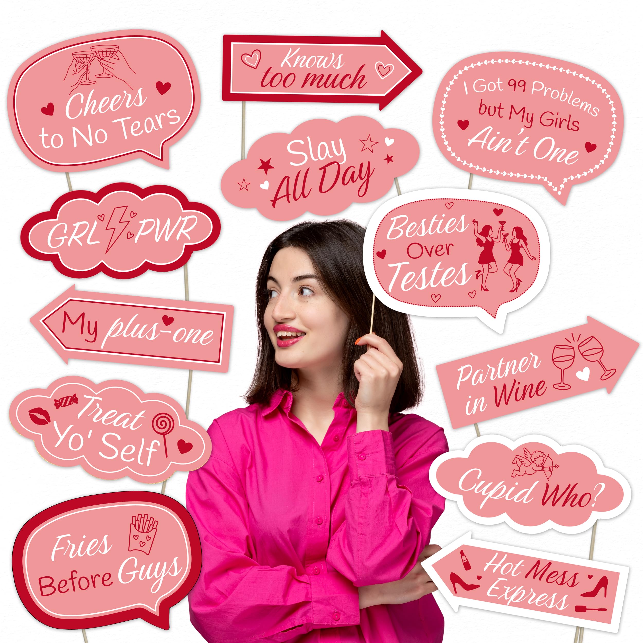 Galentine’s Day Photo Booth Props Pack – 12pcs Pink Party Decoration Set with Funny Sayings | Girls’ Night Selfie Props Kit for Valentine’s Friendship Party Supplies