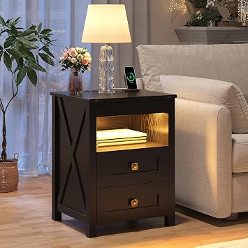 FREDEES LED Bedside Table Set 2 with Hidden Drawer, Nightstand with Charging Station for Bedroom Furniture, End Side Table with 3 Colors Lights, Smart Human Sensor Design, Black
