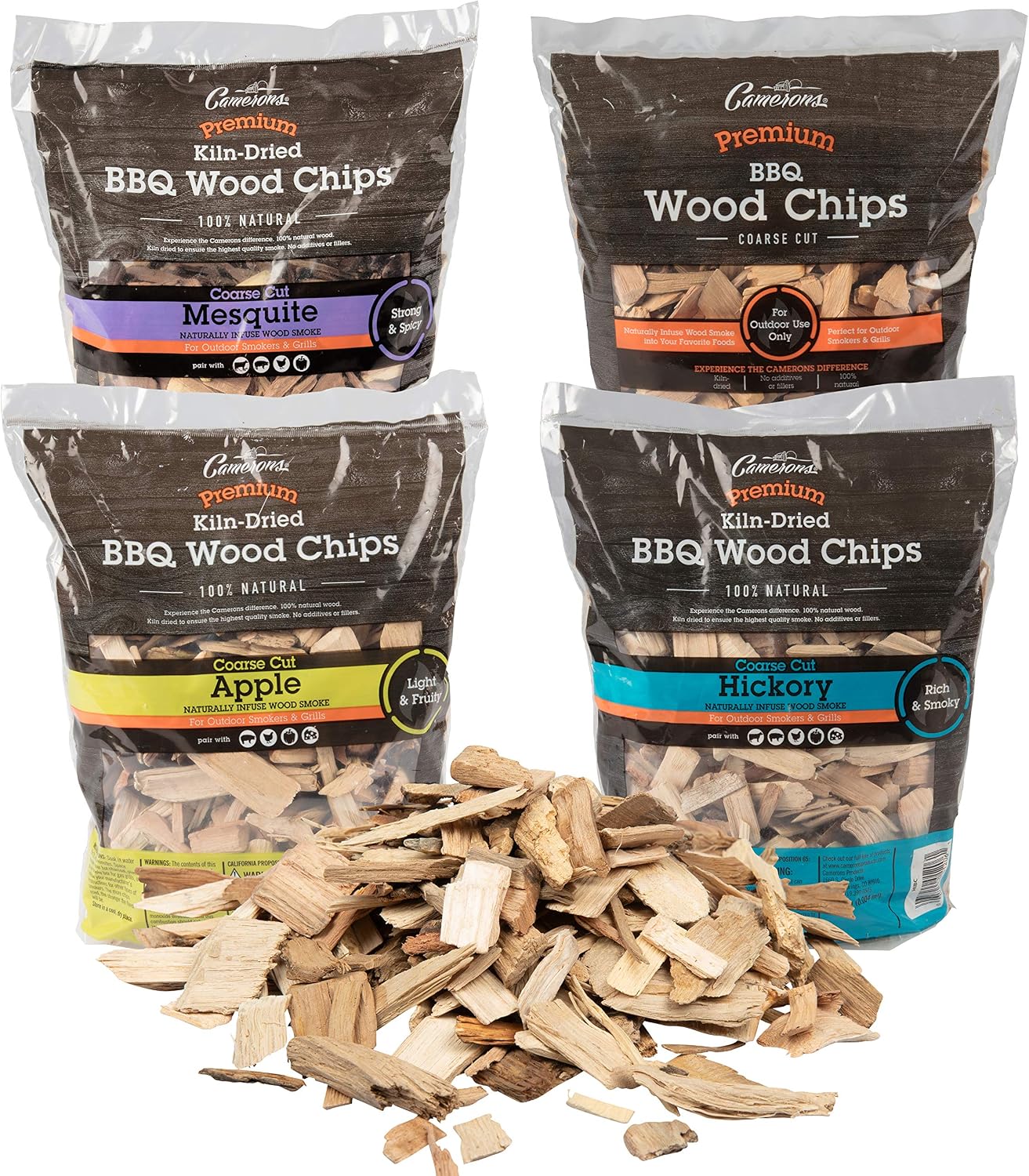Camerons All Natural Wood Chips for Smoker, 4 Pack - Apple, Cherry, Hickory, Mesquite -260 Cu In Bag, Approx 2lbs ea - Kiln Dried Coarse BBQ Wood Chips- Barbecue Grilling Variety Pack Gift Set for Men