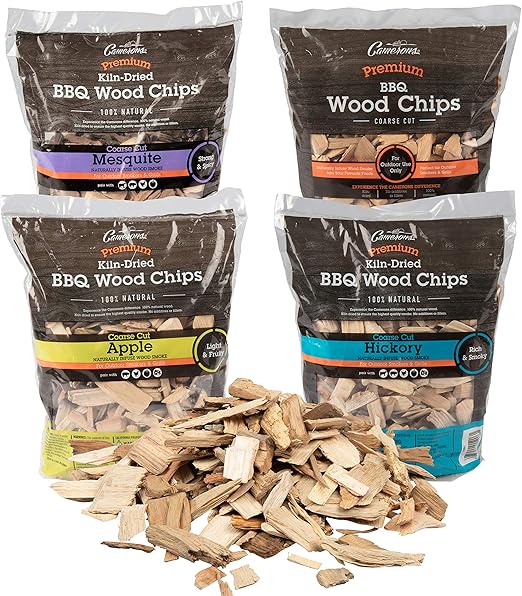 Camerons All Natural Wood Chips for Smoker, 4 Pack - Apple, Cherry, Hickory, Mesquite -260 Cu In Bag, Approx 2lbs ea - Kiln Dried Coarse BBQ Wood Chips- Barbecue Grilling Variety Pack Gift Set for Men