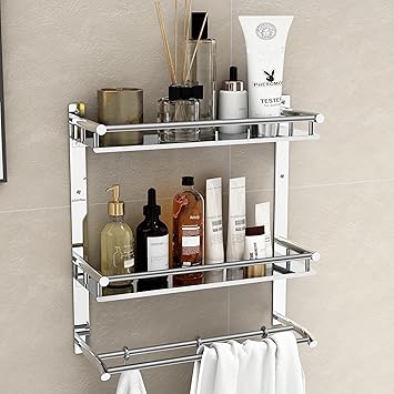 Plantex Deluxe Stainless Steel Multipurpose 3-Tier Bathroom Shelf with Towel Holder (Chrome)