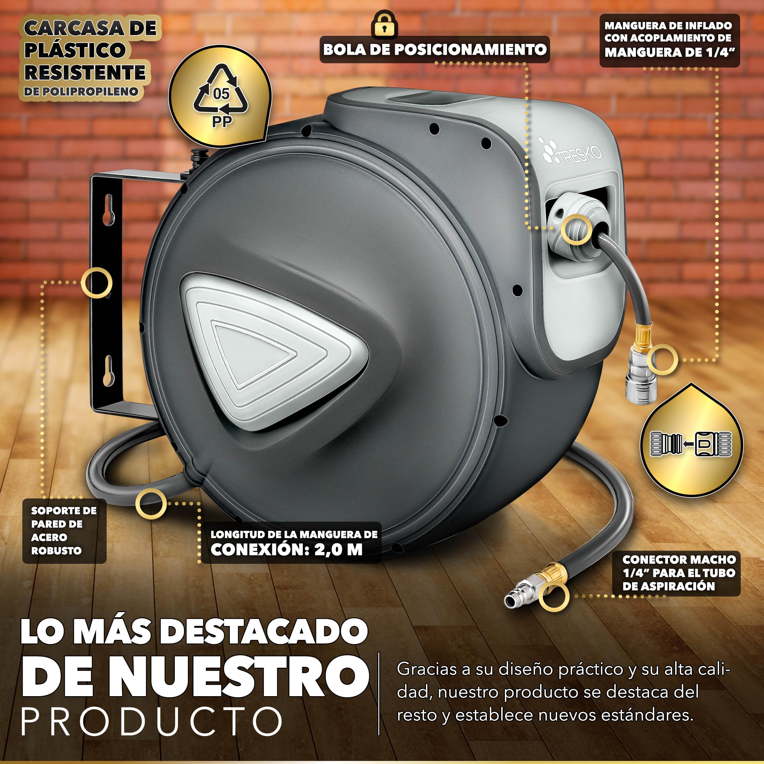 TRESKO® Carrete de Manguera de Aire Comprimido de 30 m | Conector de 1/4" | Enrollador de Manguera Automático | con Soporte para Pared | Rotación de 180° | Tope Final Ajustable, Gris