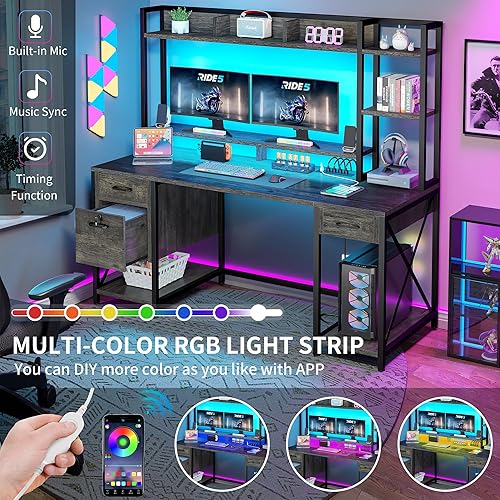 Miniatura 4 de DWVO Escritorio para computadora con cajones y gabinete, escritorio de oficina de 59.1 pulgadas con tomas de corriente y luces LED, escritorio de