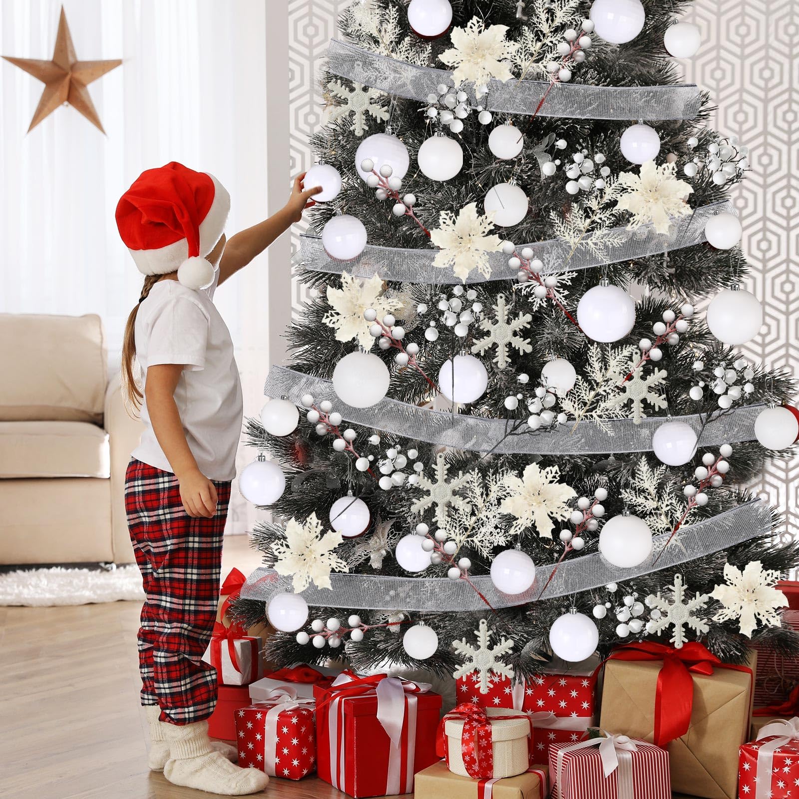 Lot de 94 décorations de sapin de Noël comprenant des boules de Noël à paillettes - Fleurs poinsettia à paillettes - Baies et tiges pour Noël, vacances, mariage (blanc)