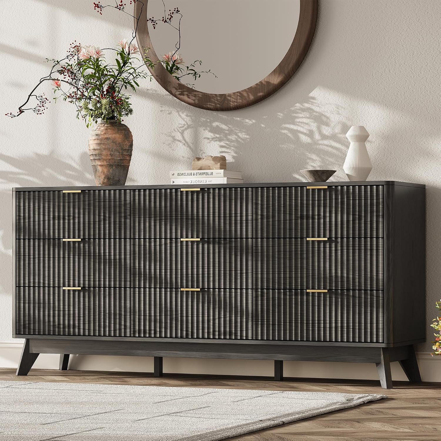 63'' Wide 9 Drawers Dresser for Bedroom,Modern Fluted Vertical Chest with Rounded Corners,Fluted Dresser for Living Room,Hallway, Black