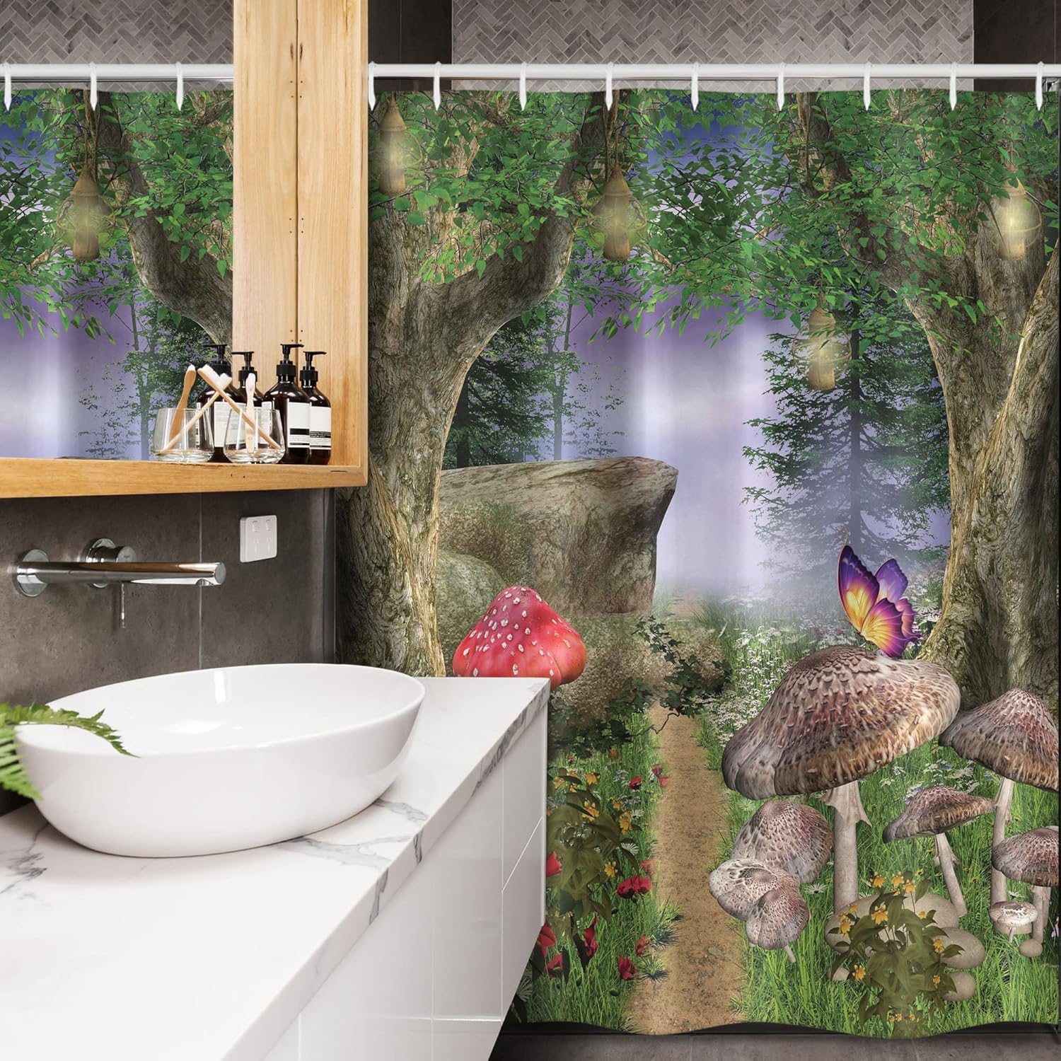 Ambesonne Mushroom Stall Shower Curtain, Enchanted Nature Pathway Butterflies Landscape Rocks, Fabric Bathroom Decor Set with Hooks, 54" W x 78" L, Tan Green Red
