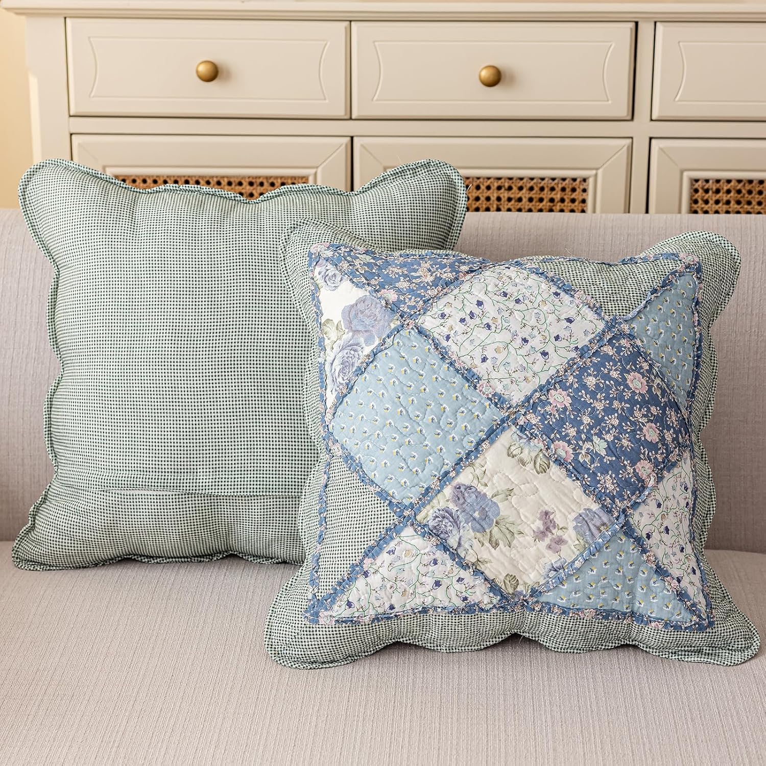 vctops Set of 2 Quilted 100% Cotton Boho Throw Pillow Covers 18" x 18" Farmhouse Country Floral Patchwork Decorative Cushion Cover, Patchwork Flower F