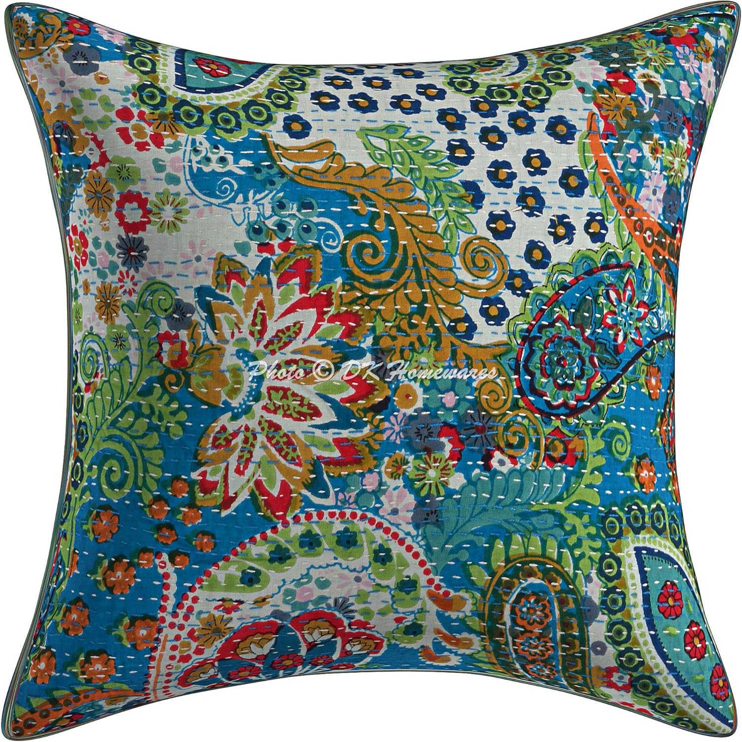 Boho Decorative Accent Throw Pillow Covers 16 Inch Cotton Kantha Paisley Ethnic Square Sofa Cushion Covers (Size - 40x40 cm ; Color: Turquoise) - Set of 5 Pcs (Cover Only)