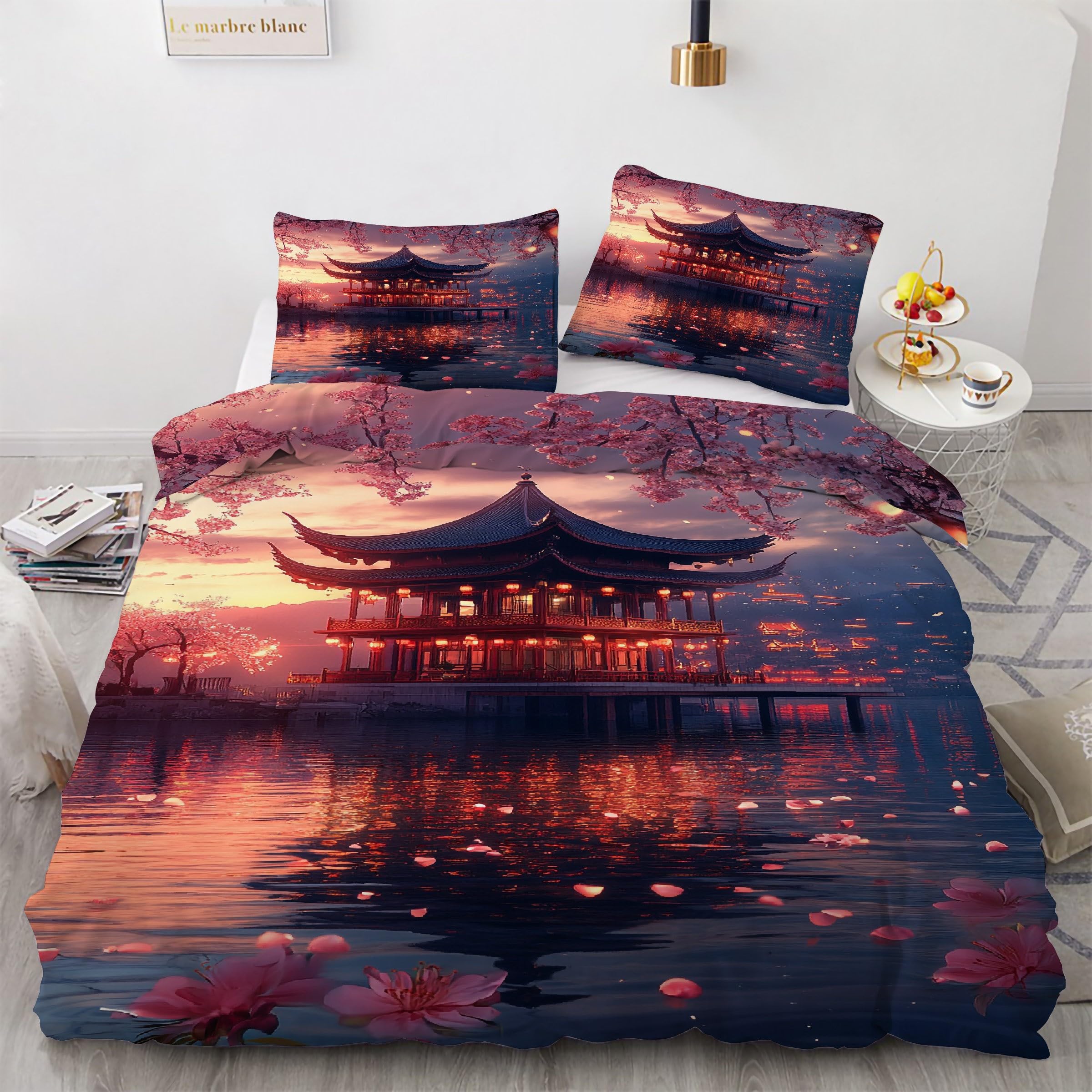 Parure de lit fleurs de cerisier 240x260 avec fermeture éclair pratique et réversible