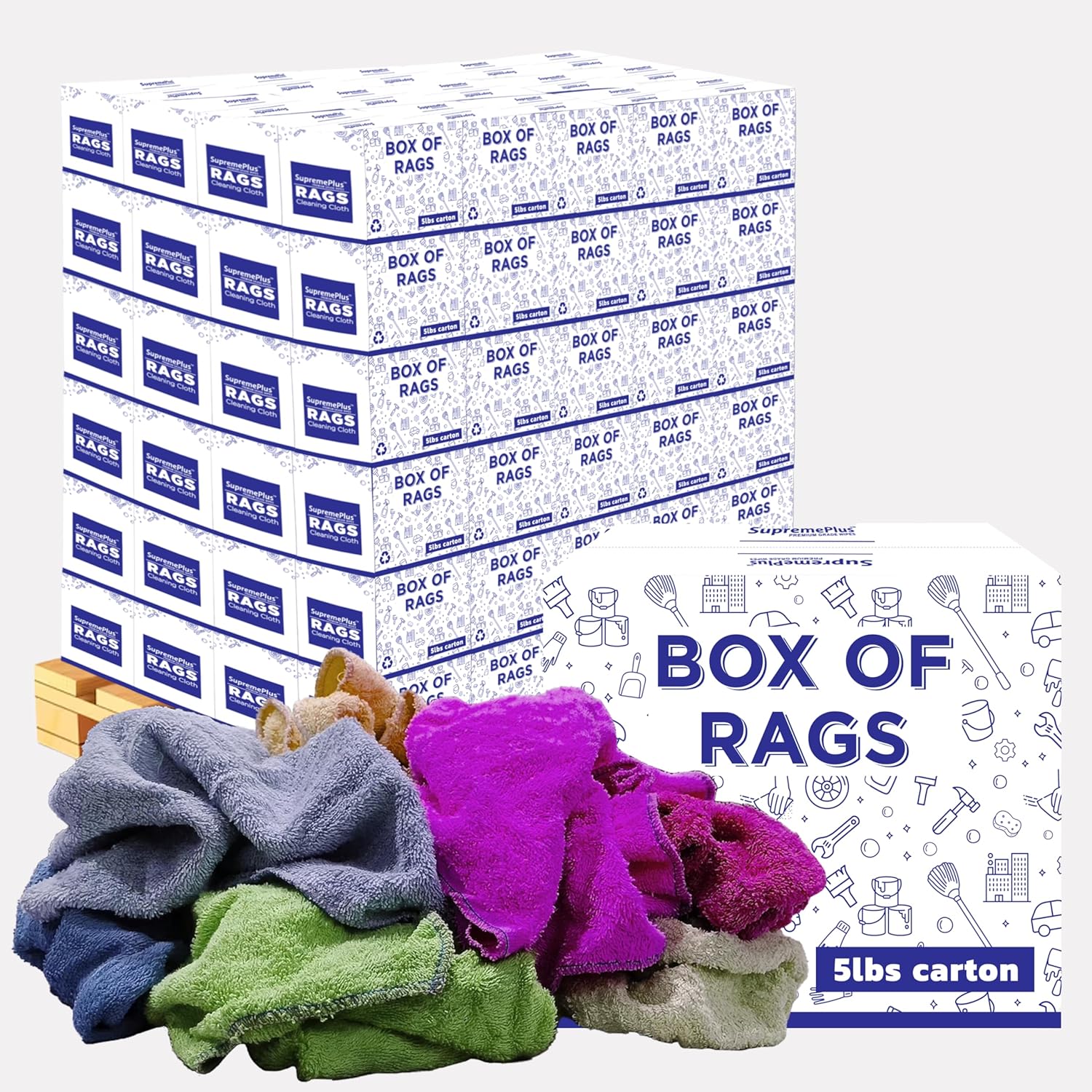 Premium Color Terry Cloth Rags - 600 lbs Pallet - 120x5 lbs Box Super Absorbent Cotton Towel Cleaning