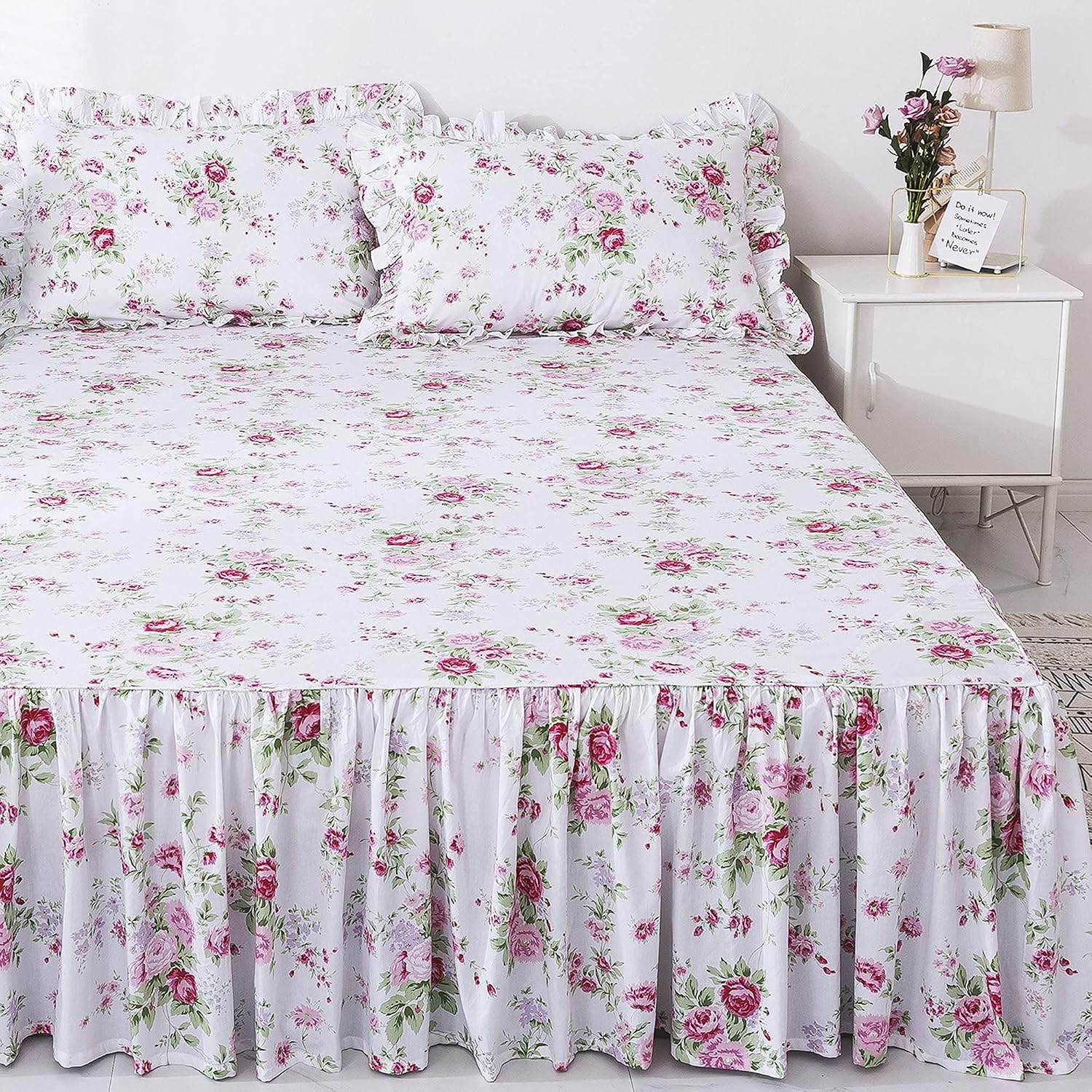 FADFAY Romantic Floral Bedding Set 4 Piece Premium 100% Cotton Pink Rose Print Bedding Ruffle Bedskirt Zipper Duvet Cover Cottage Bedding Queen Super Soft Women Girls Bedroom Decor