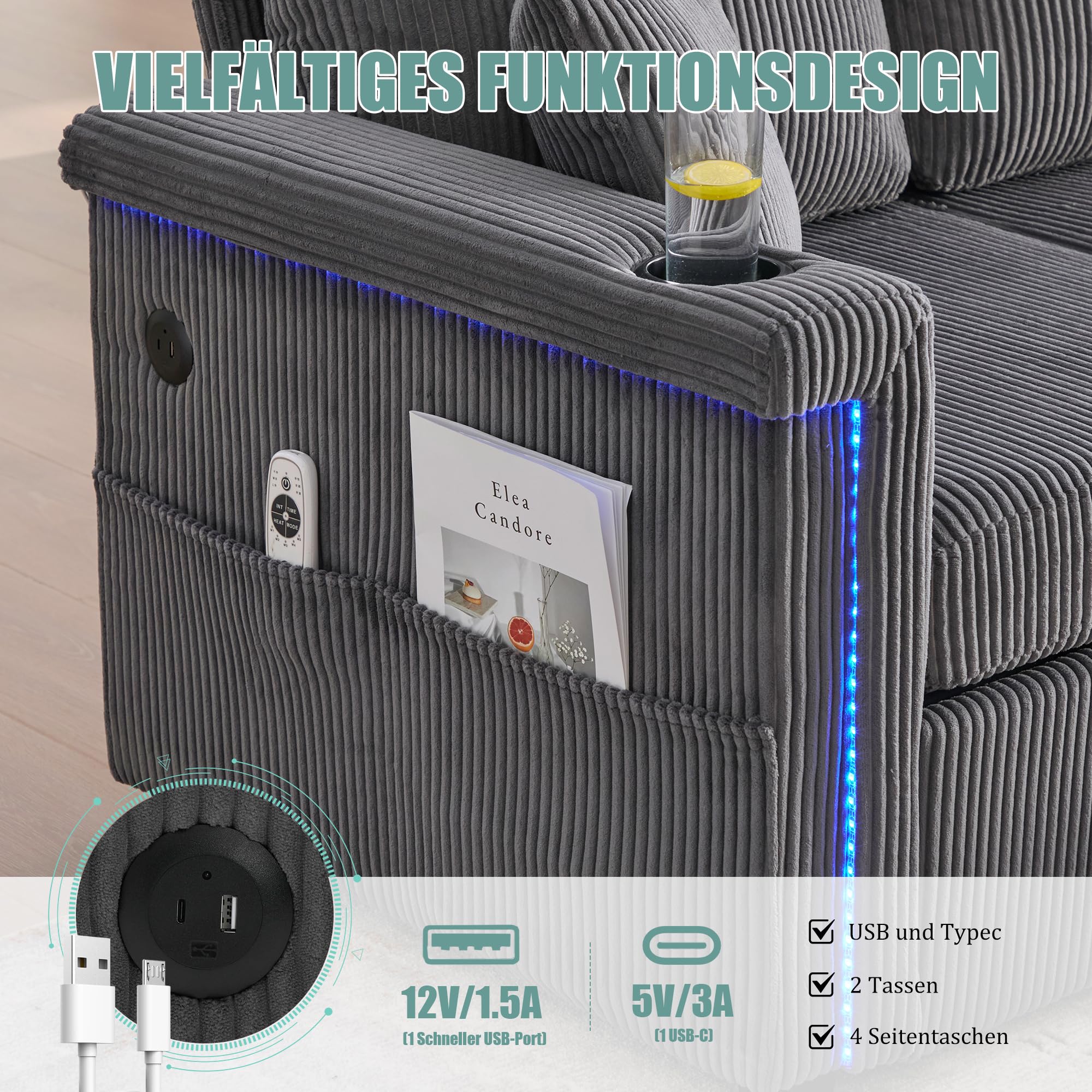 Divano in Velluto con illuminazione a LED e Porta USB-C, Divano 3 Posti con Poggiapiedi Contenitore e 2 Cassetti, Chaise Longue per il Soggiorno, la Camera da letto o l'ufficio(grigio scuro)