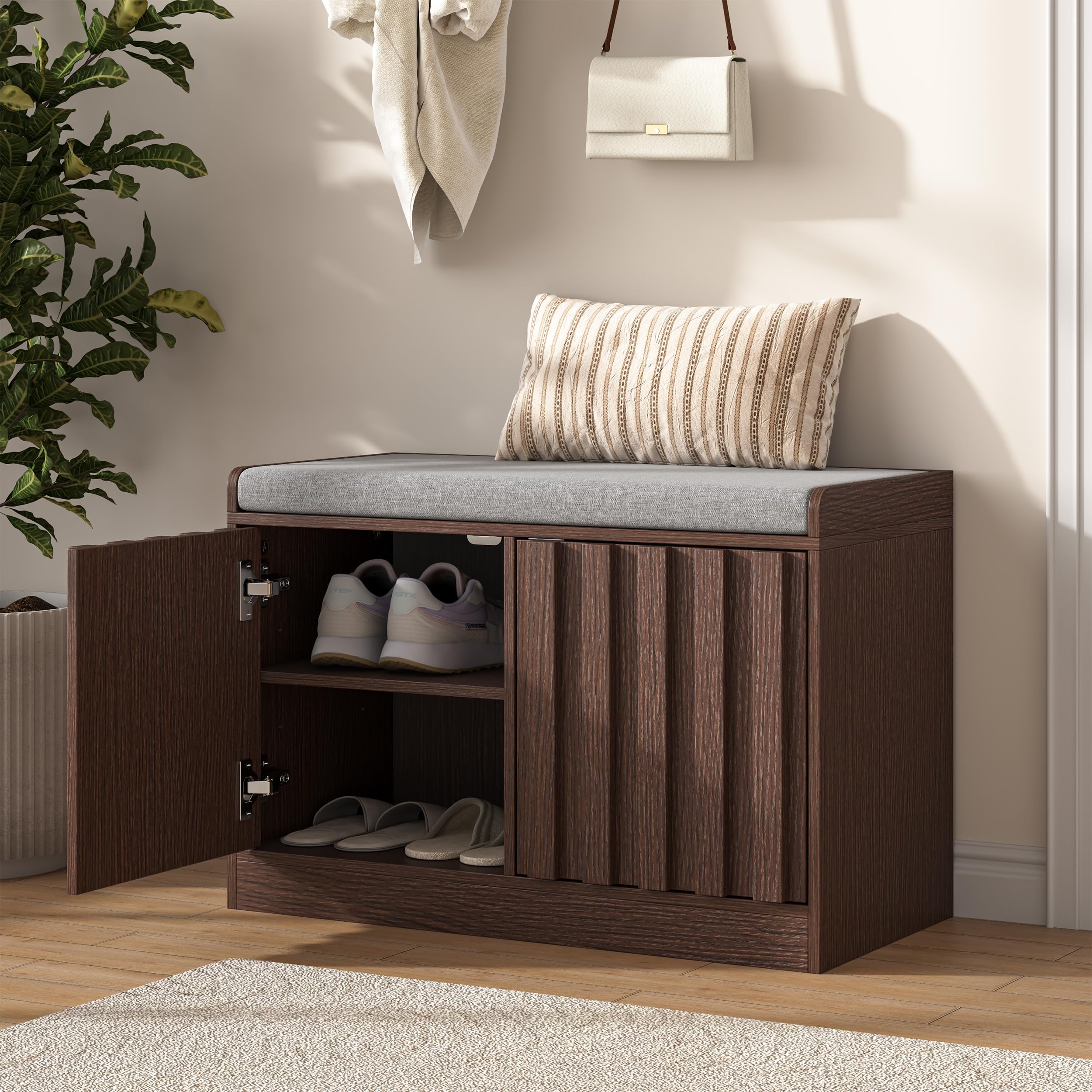 UEV Shoe Storage Bench with Cushion Seat, Wooden Slat Shoe Cabinet with Doors & Shelves, Entryway Hallway Storage Bench, Ideal for Flats & Slippers, Walnut Wood, 66W x 32D x 44H cm